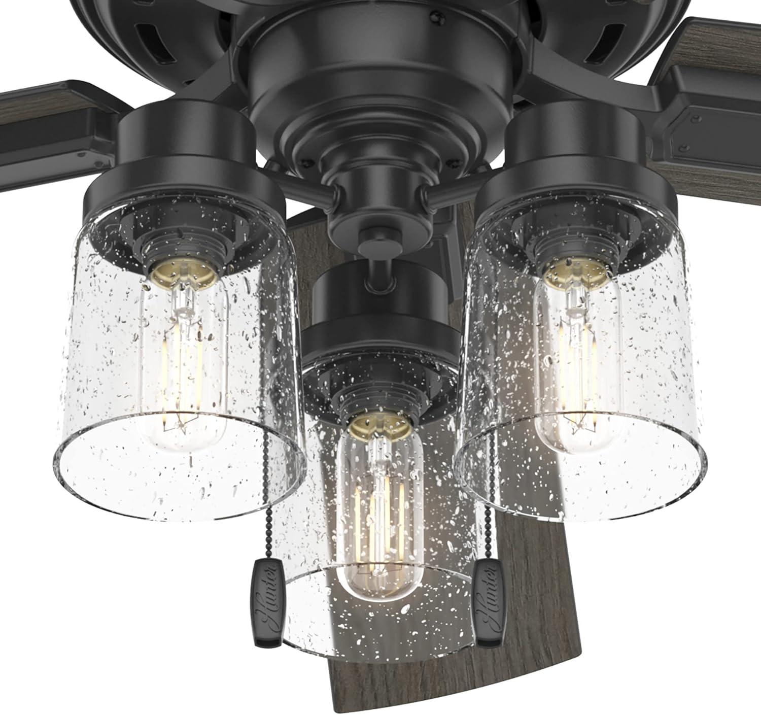 Hunter - Hartland Indoor Ceiling Fan With Light, 52-inch, Matte Black, Casual-style, 3-speed WhisperWind Motor, 51745, for living rooms, bedrooms, home offices, kitchens