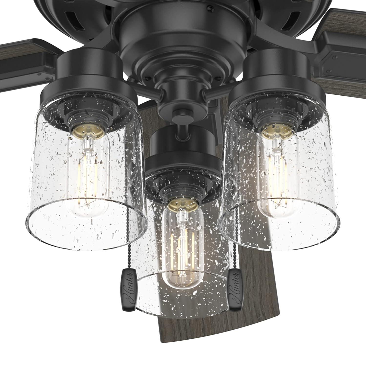 Hunter - Hartland Indoor Ceiling Fan With Light, 52-inch, Matte Black, Casual-style, 3-speed WhisperWind Motor, 51745, for living rooms, bedrooms, home offices, kitchens