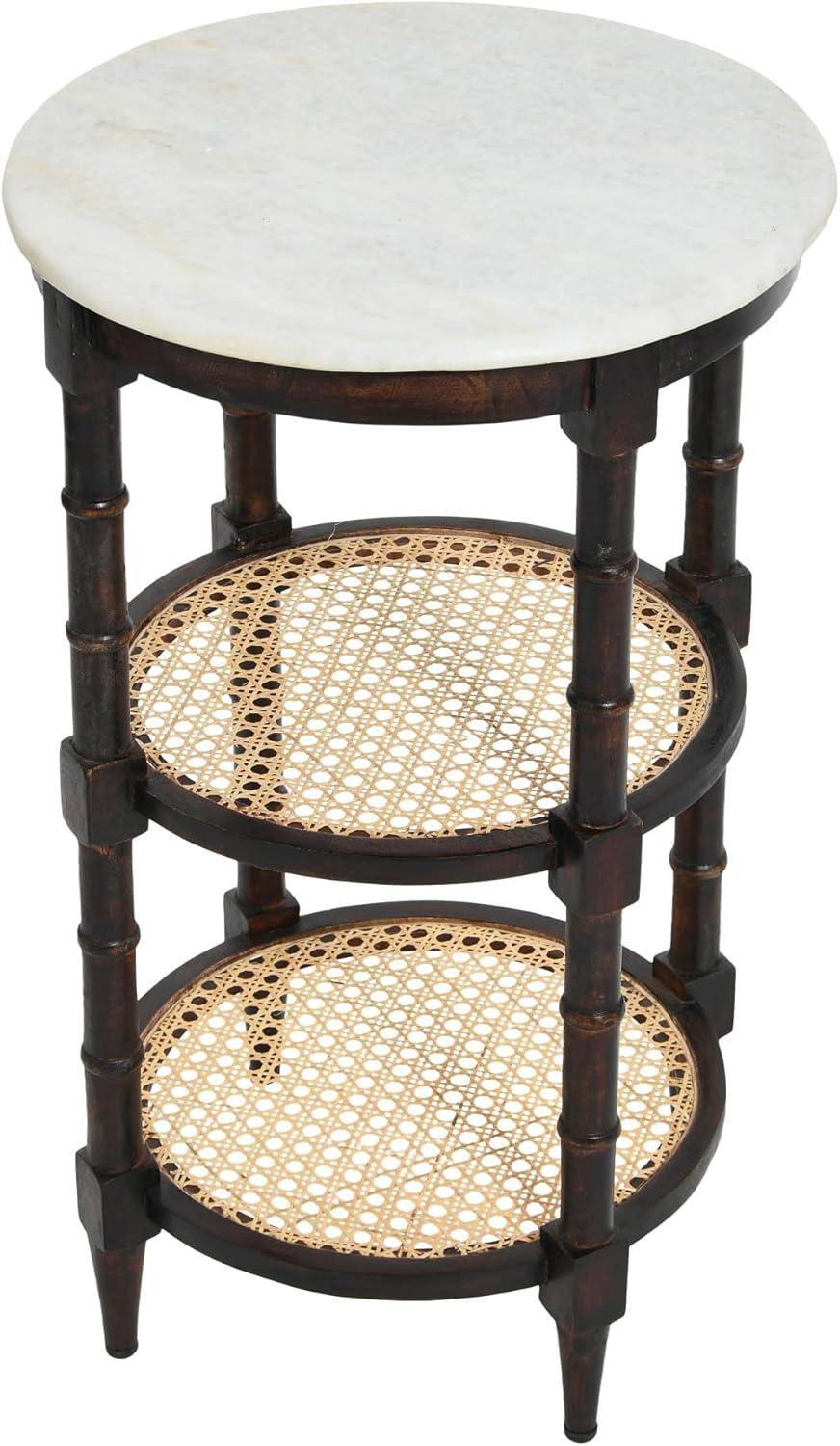 Creative Co-Op Mango Wood and Marble Top with Rattan Shelves Round End Table, Brown