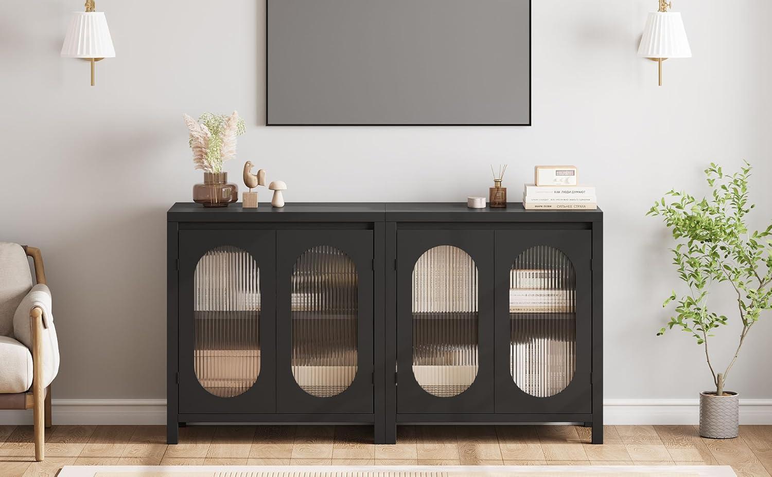 Rattan Storage Cabinet, Wooden Sideboard Buffet Cabinet with Doors and Shelves, Small Console Cabinet with Storage