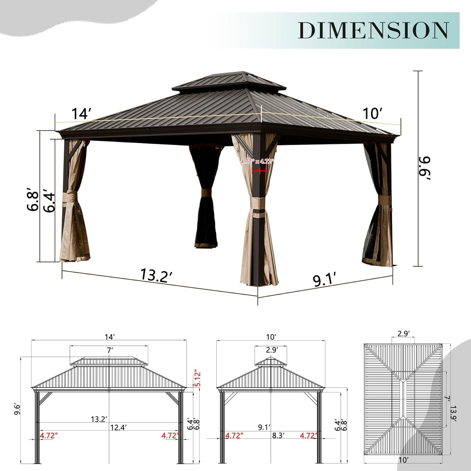 10' x 14' Hardtop Gazebo Galvanized Outdoor Gazebo Canopy Double Vented Roof Pergolas Aluminum Frame with Netting and Curtains