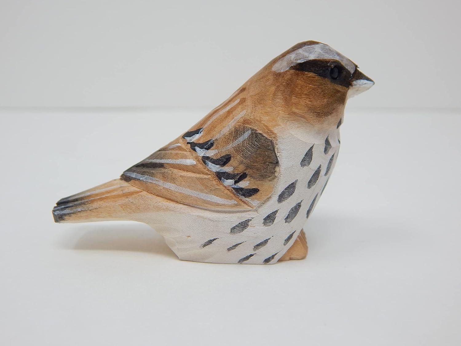 Hand-Carved Birch Wood Sparrow Bird Figurine