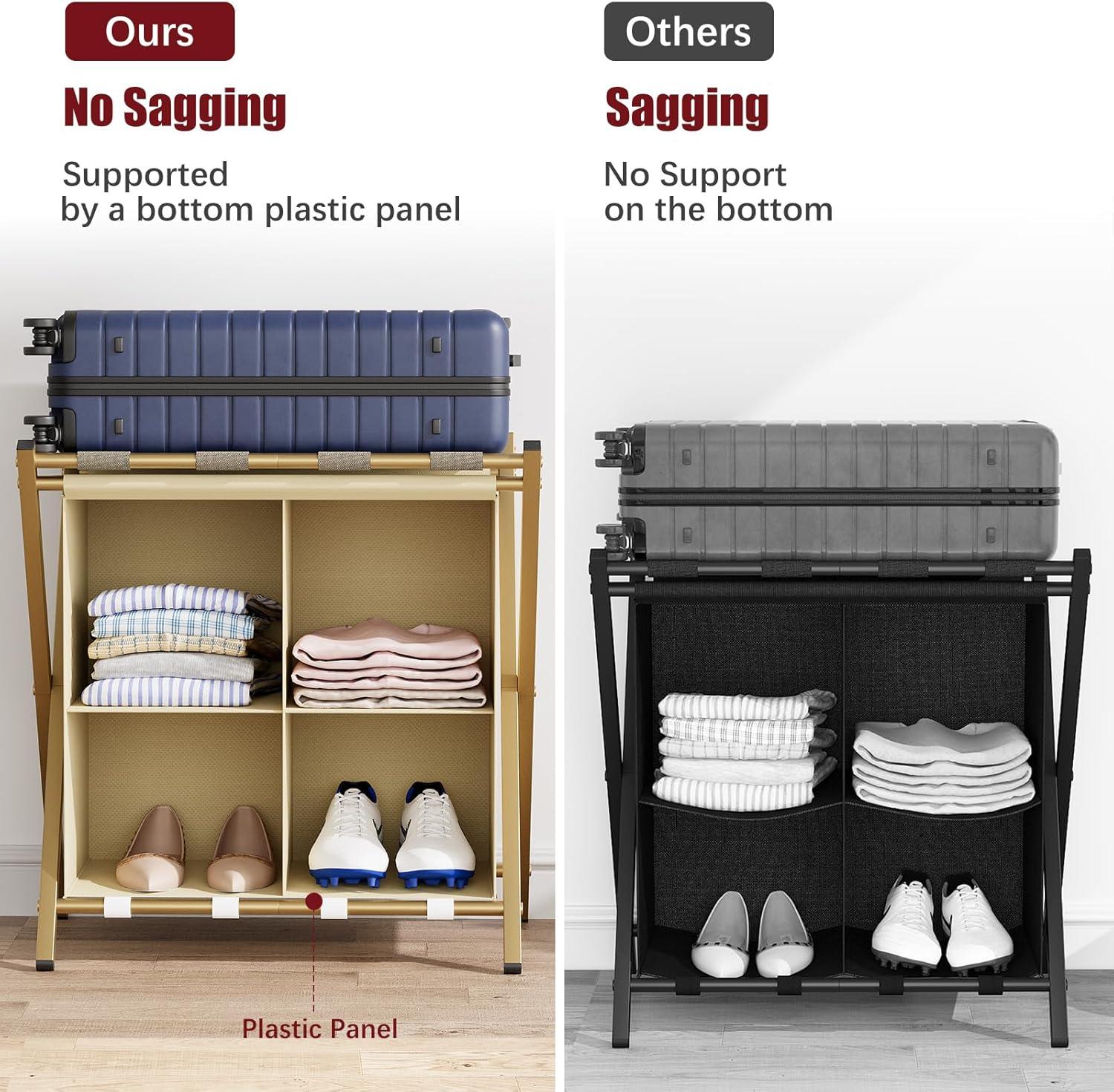 aboxoo Luggage Rack with storage, Guest Room Folding Suitcase Stands, Holds up to 120 lb, Space Saving Suitcase Holders for guest room, Bedroom Hotel, Gold