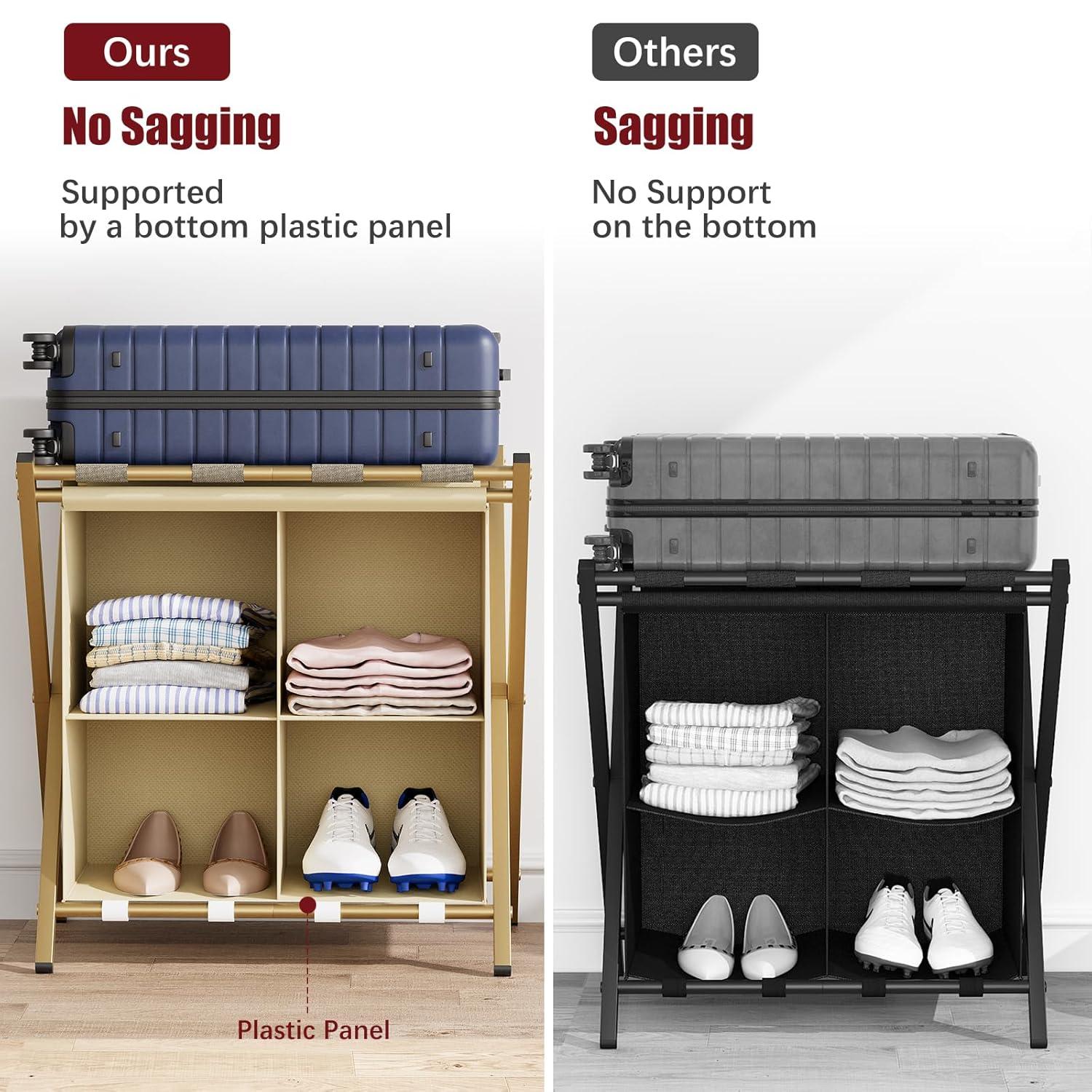 aboxoo Luggage Rack with storage, Guest Room Folding Suitcase Stands, Holds up to 120 lb, Space Saving Suitcase Holders for guest room, Bedroom Hotel, Gold