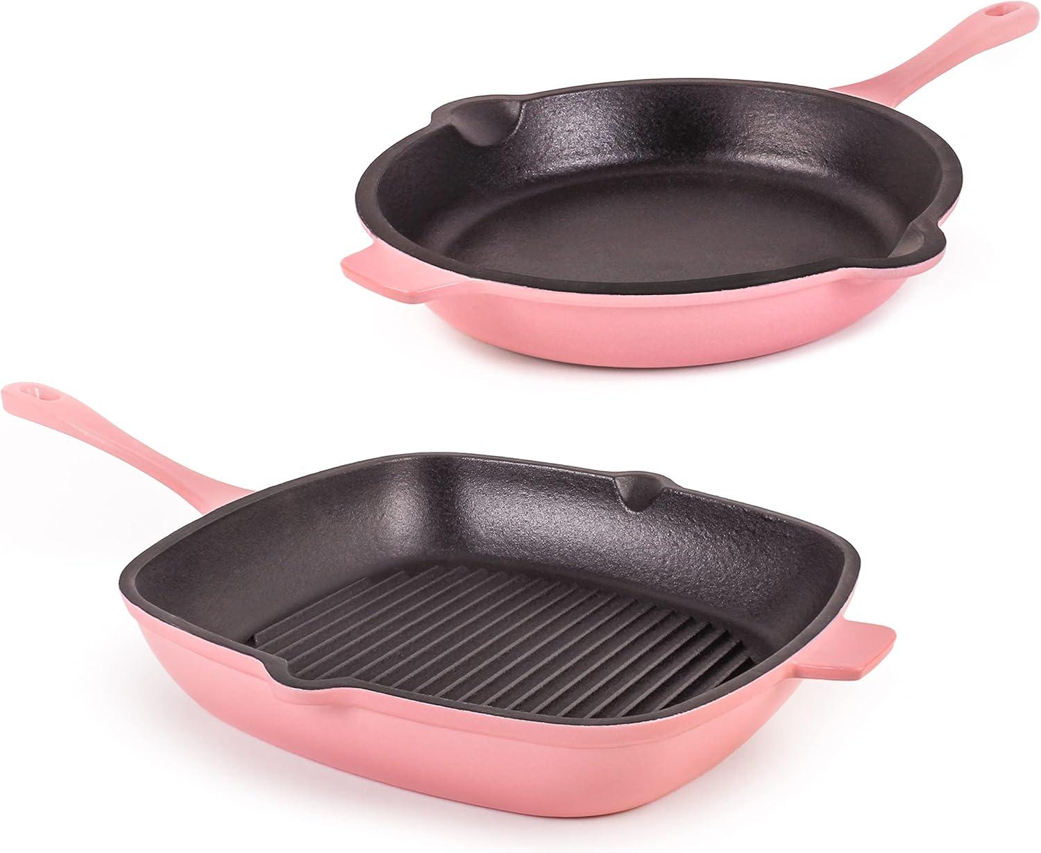 BergHOFF Neo 2Pc Cast Iron Cookware Set, 10" Fry Pan & 11" Grill Pan, Pink