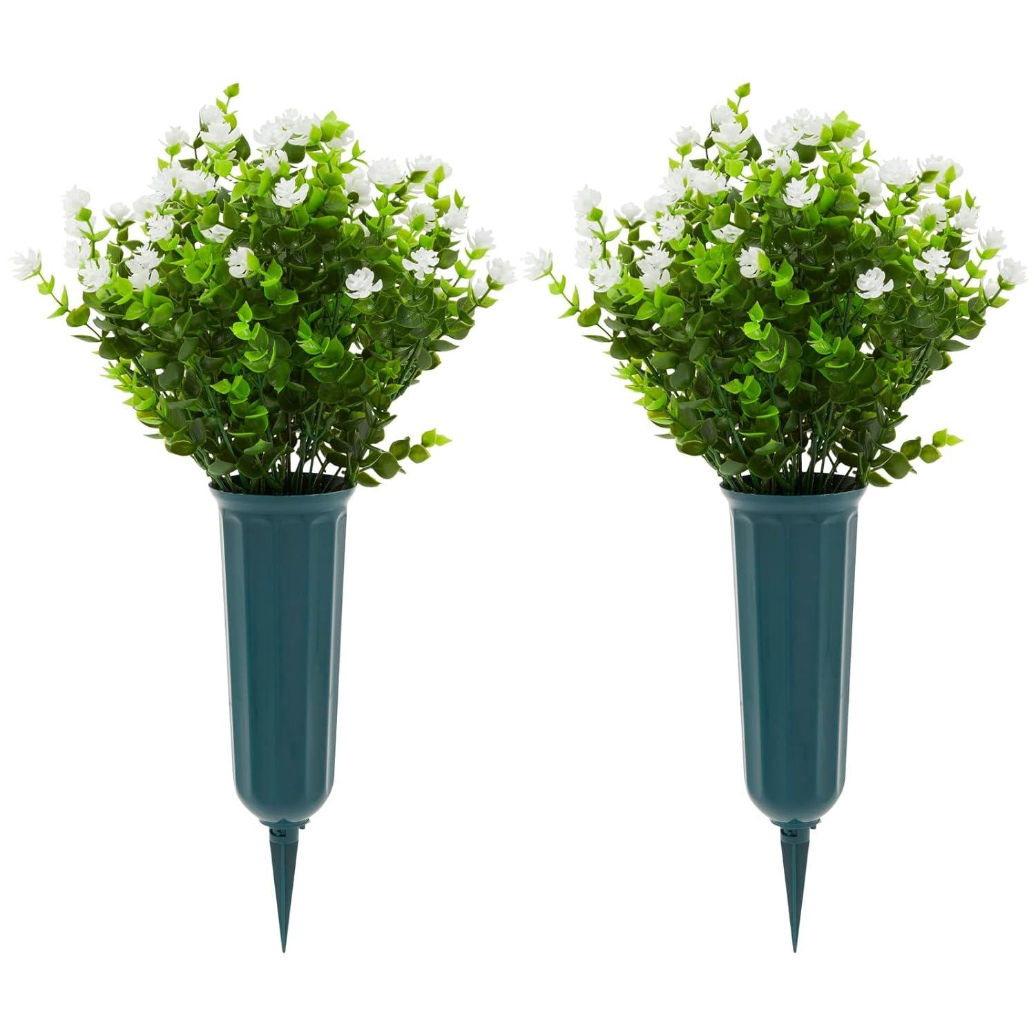 Bright Creations 6 Bundles White Artificial Flowers with 2 Cone Vases, Faux Fake Plant for Cemetery, Outdoor Decor (8.6 x 13 In)