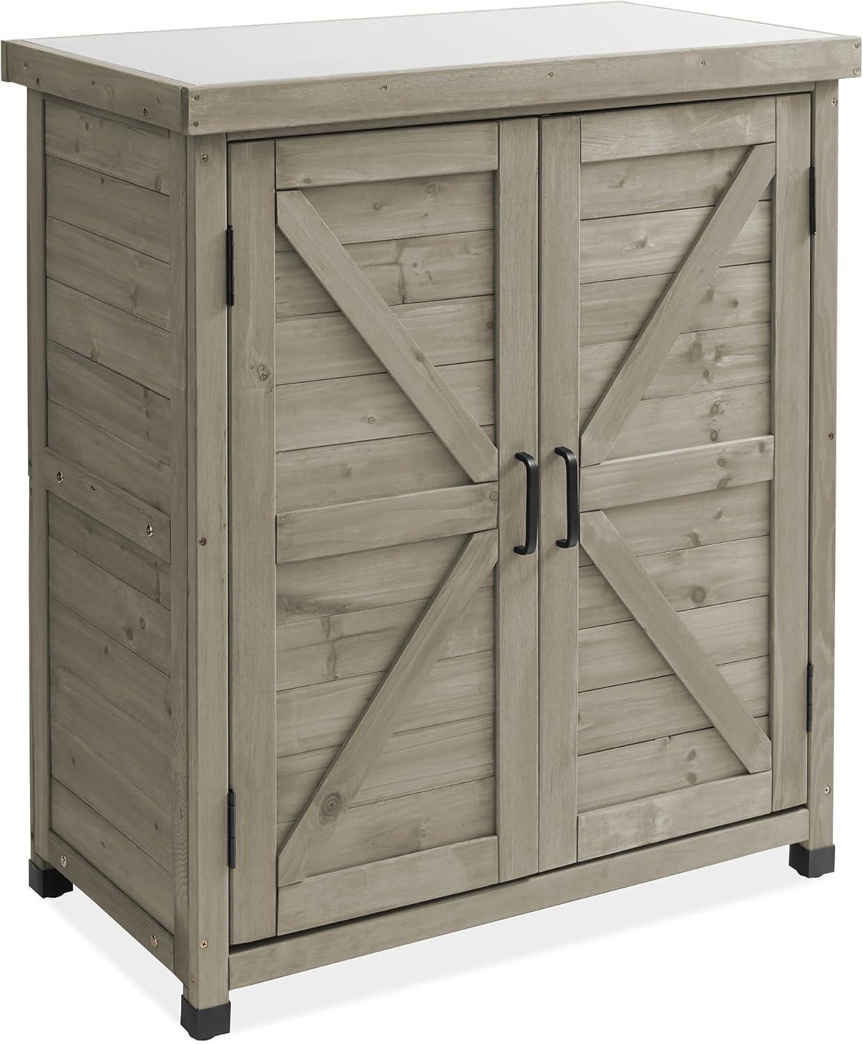 Casafield Outdoor Storage Cabinet and Potting Bench with Metal Tabletop and Storage Cabinet - Wooden Outdoor Garden Patio Workstation Table, Gray