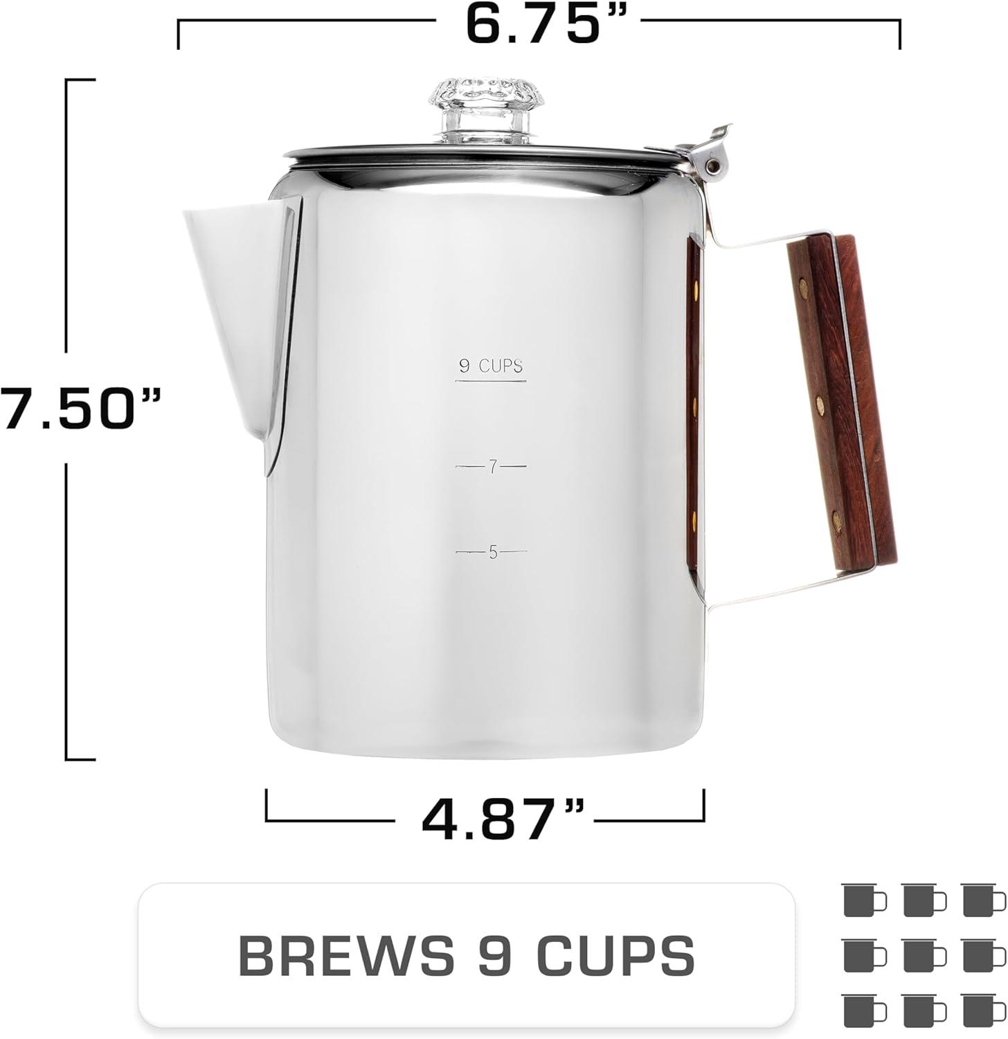 Stack man Bozeman Percolator Coffee Pot ,Stainless Steel Stovetop Percolator Coffee Maker – Durable, Flavorful, And Adventure-Ready — NO Aluminum Or Plastic [9 Cup]