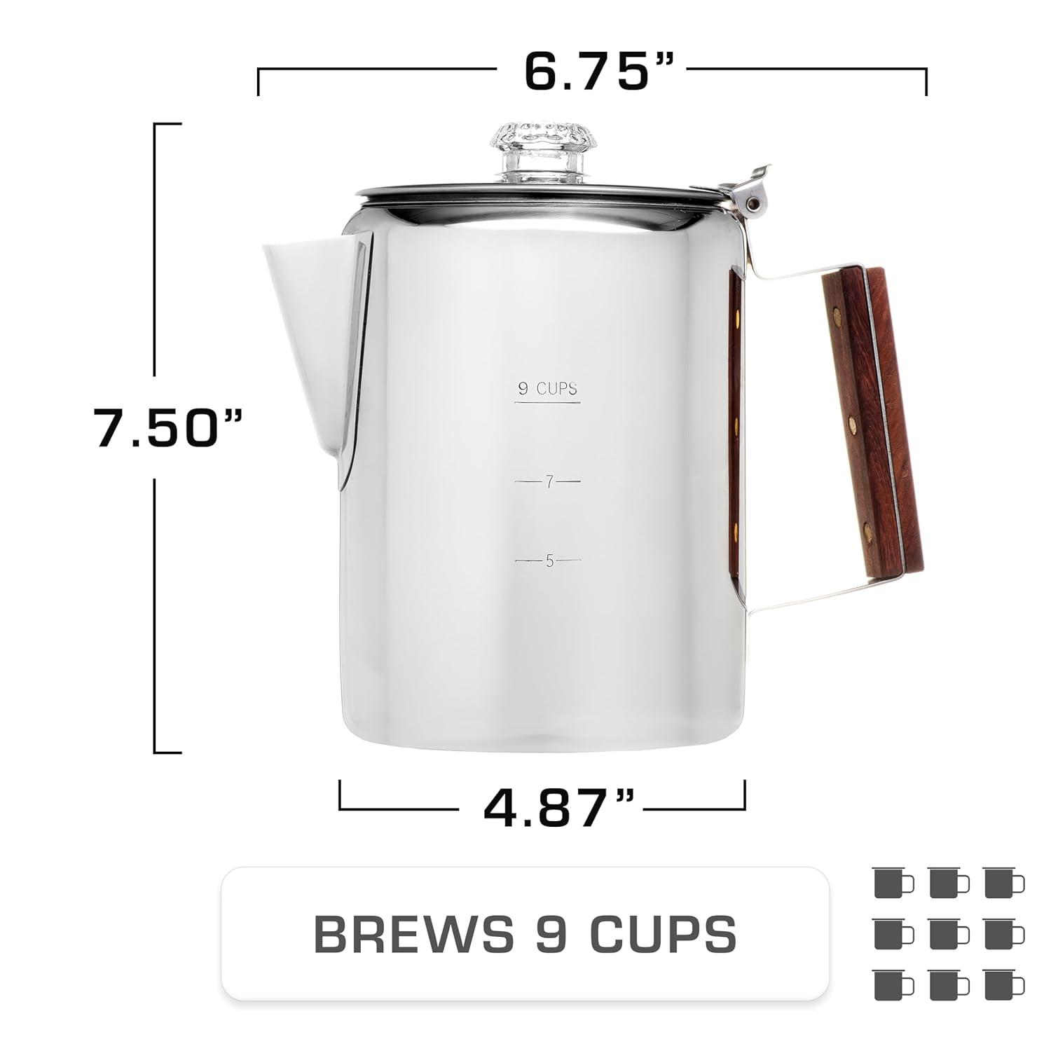 Stack man Bozeman Percolator Coffee Pot ,Stainless Steel Stovetop Percolator Coffee Maker – Durable, Flavorful, And Adventure-Ready — NO Aluminum Or Plastic [9 Cup]