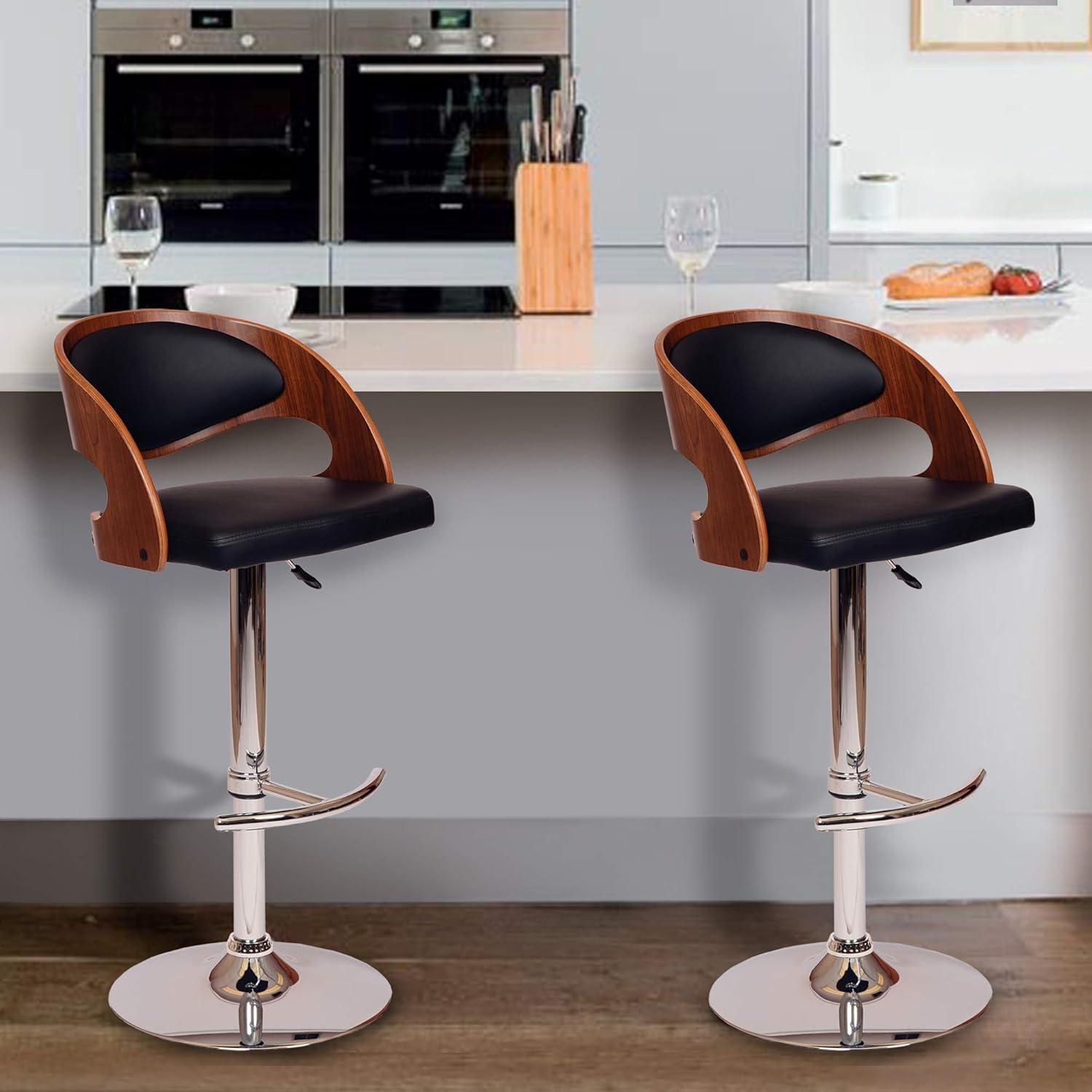 Malibu Adjustable Black Faux Leather and Walnut Swivel Bar Stool