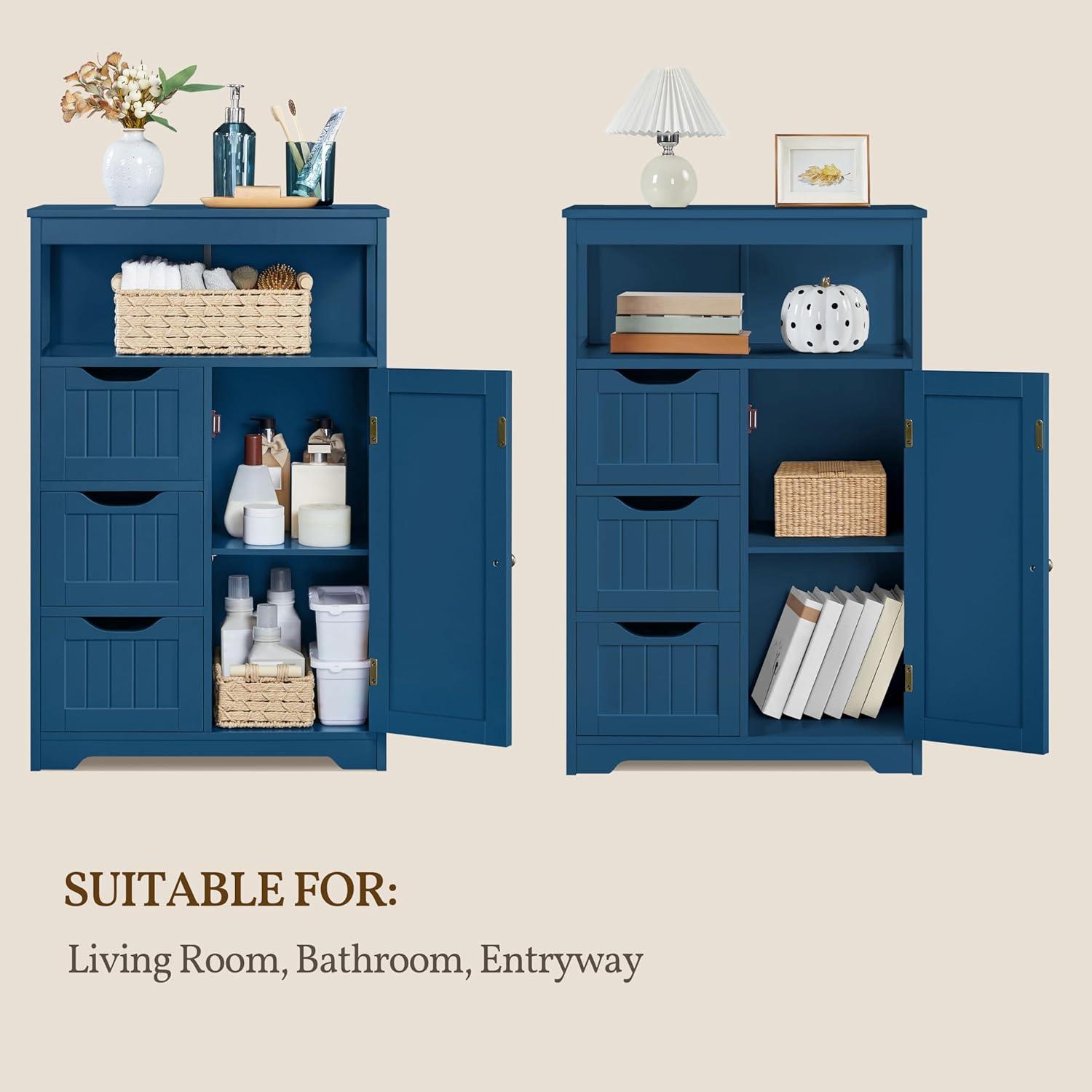 Topeakmart Wood Bathroom Floor Cabinet, Free Standing Storage Cabinet with 3 Drawers and Cupboard for Hallway/Entryway/Living Room Accent Furniture, Navy Blue