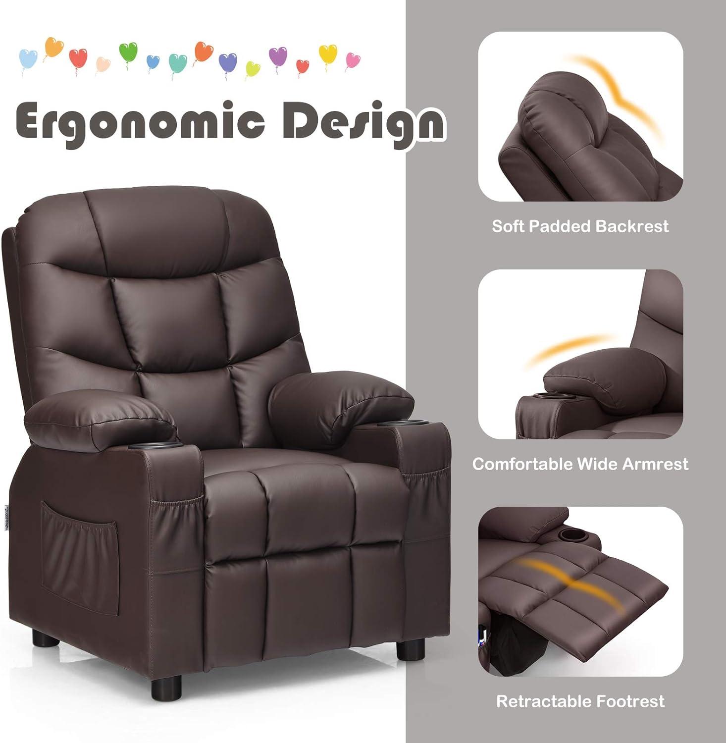 Brown Faux Leather Kids Recliner with Wood Frame