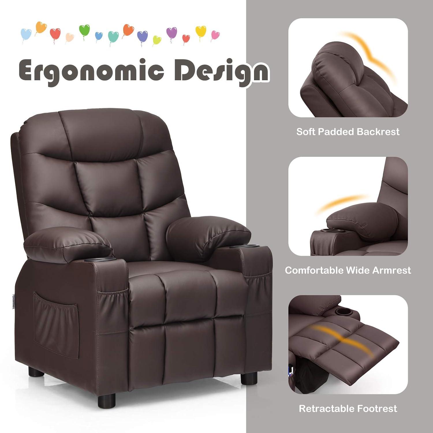 YYAo Recliner Chair,Toddler Reading Couch,Kids Recliner Chair with Cup Holder and Footrest for Children-Brown