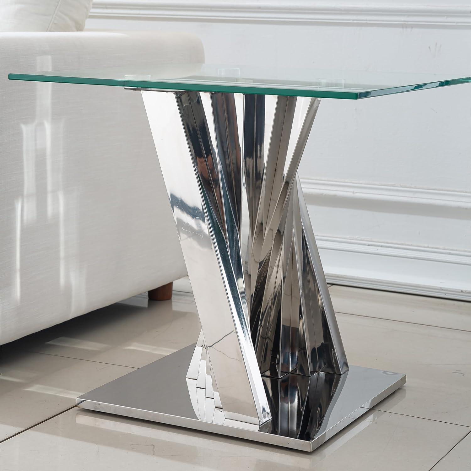 Ssline Silver Mirror Finish Stainless Steel Base End Table with Tempered Glass Top,Size 22.84*22.84*21.65