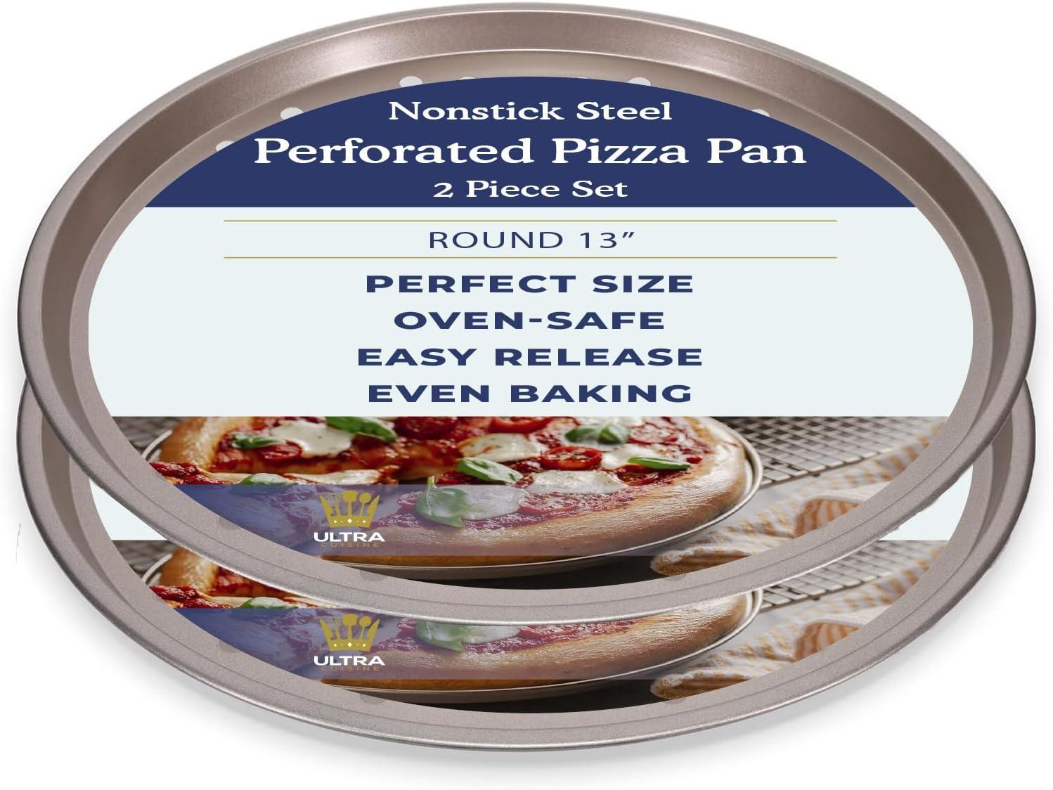 Ultra Cuisine Large Round Carbon Steel Perforated Pizza Pan with Holes, Nonstick, 13in, Champagne