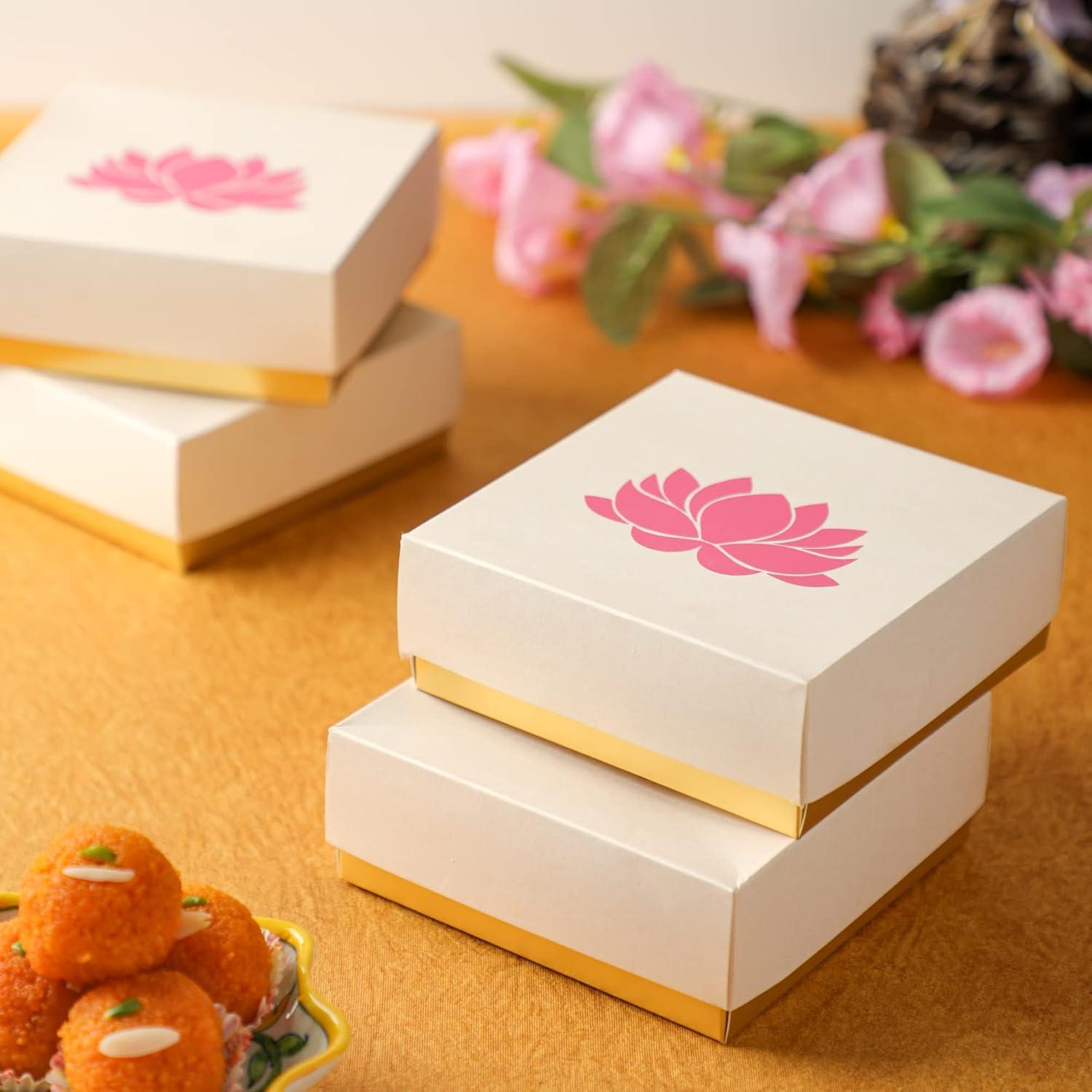 Handmade White and Pink Lotus Print Rectangular Paper Sweet Boxes