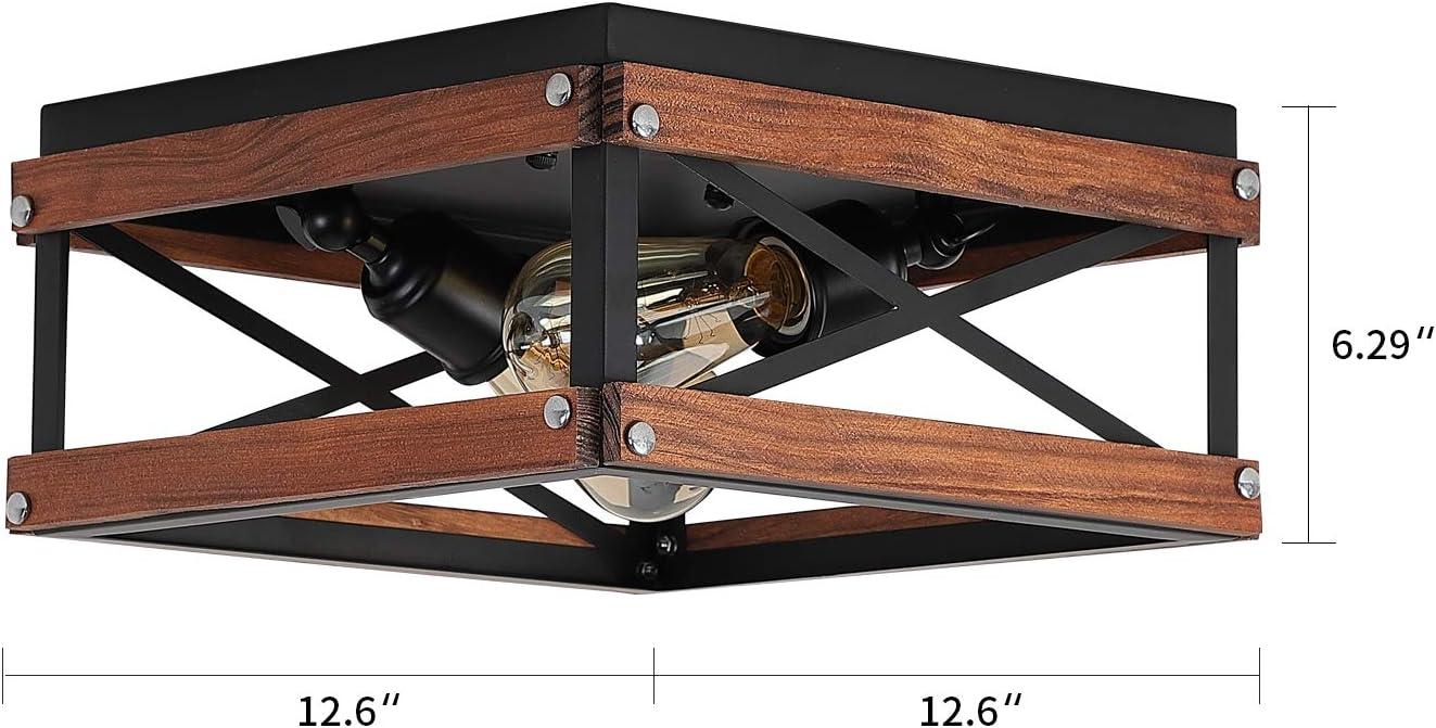 Black Metal and Wood Farmhouse Flush Mount Ceiling Light