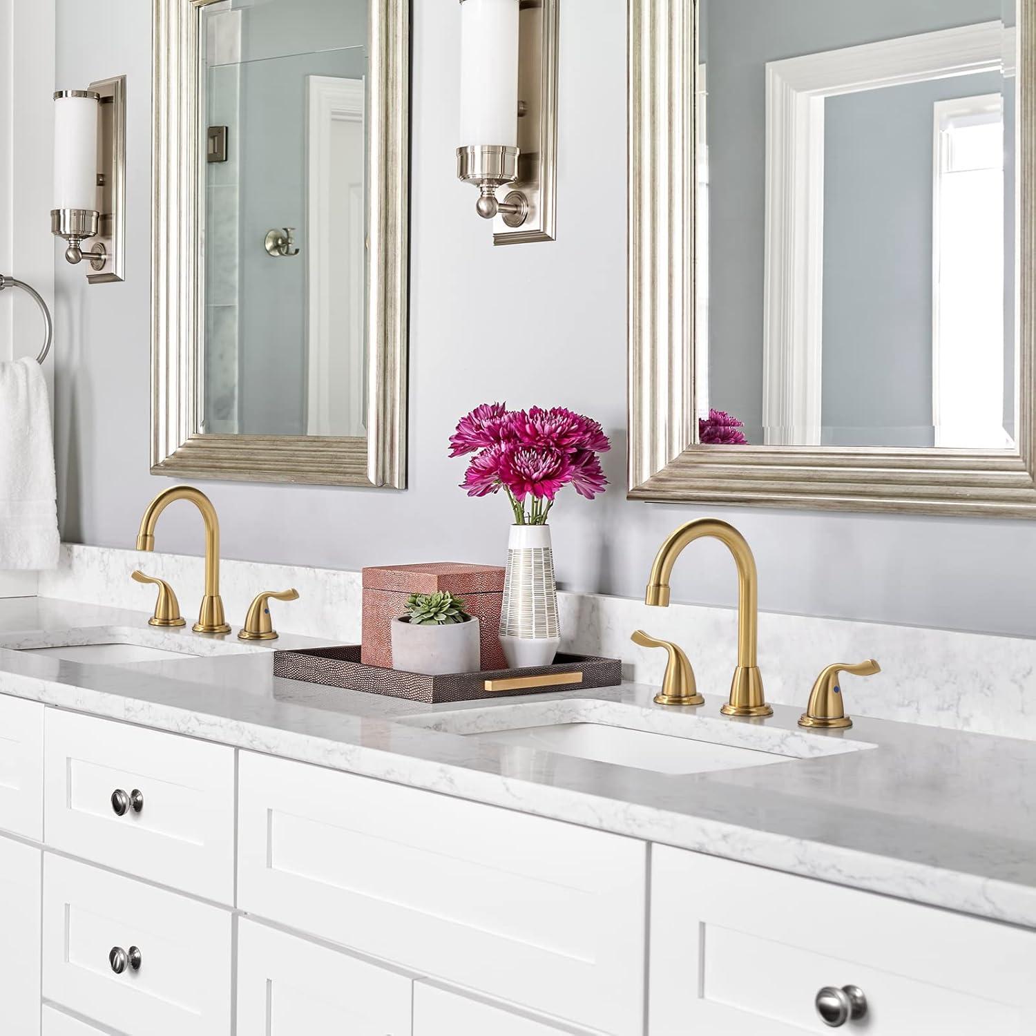 Brushed Gold Double Handle High Arc Bathroom Faucet