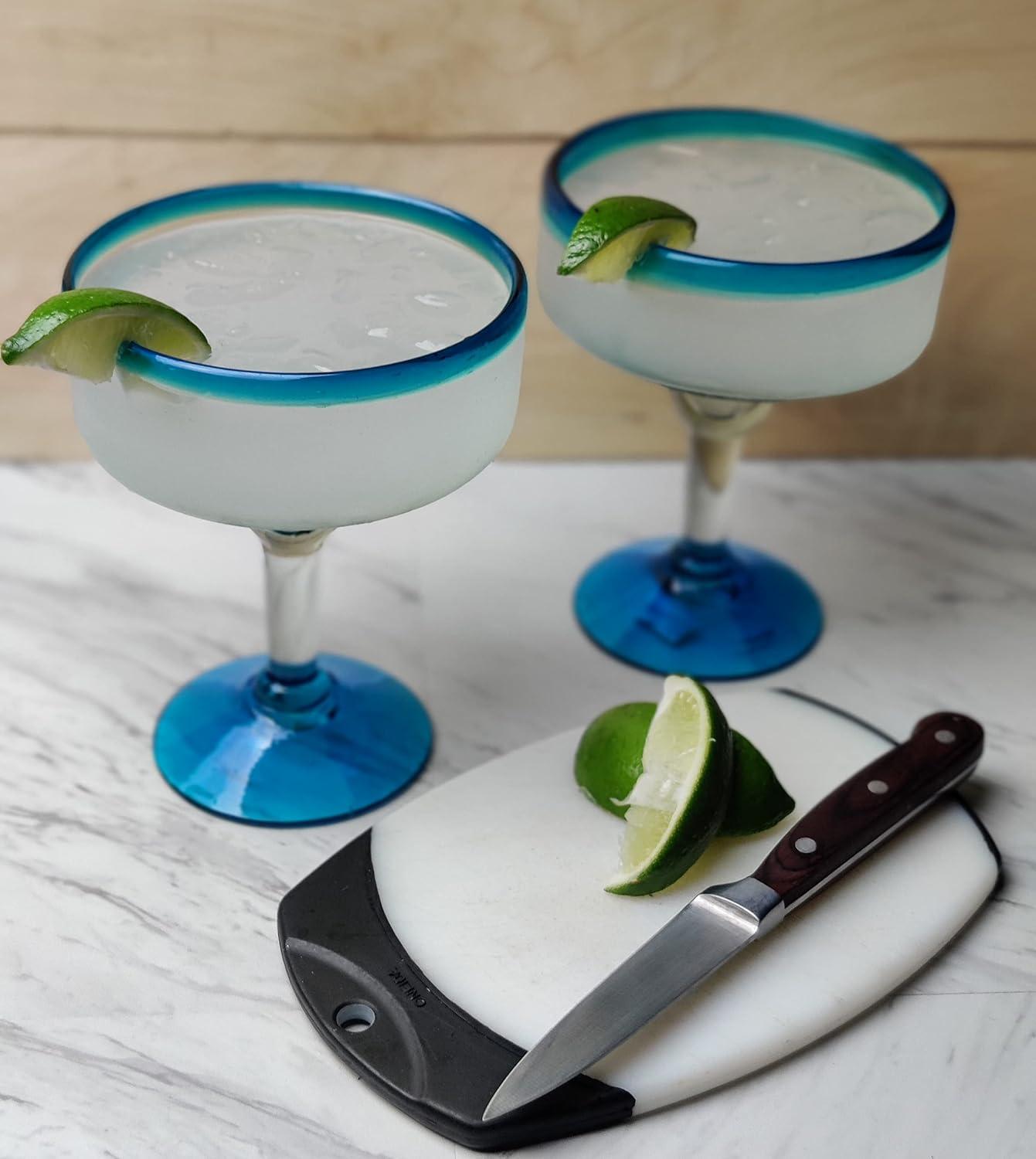 Numan Mexican Hand Blown 16 oz. Aqua Rim Margarita Glasses