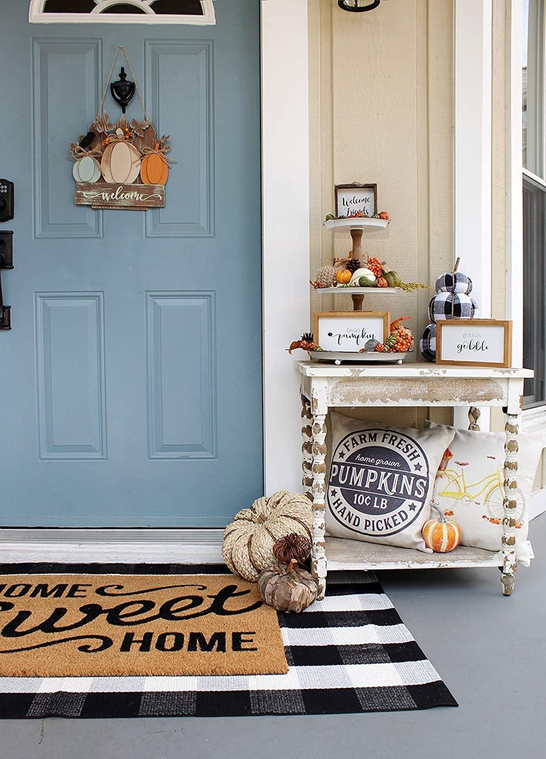 AuldHome Design 8.5x5" Farmhouse Decor Fall Theme Wood Signs 2pc Set; Mini Welcome Seasonal Plaques Pumpkin