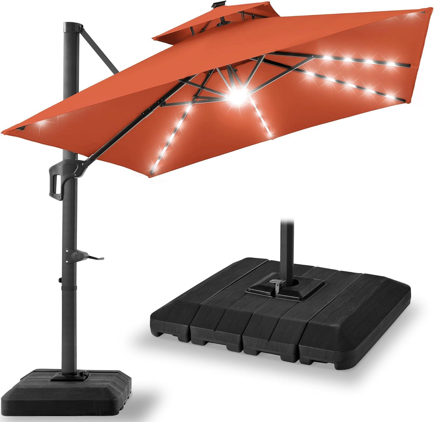 Arlmont & Co. Ronessa 10x10ft 2-Tier Square Outdoor Solar LED Cantilever Patio Umbrella w/ Base Included