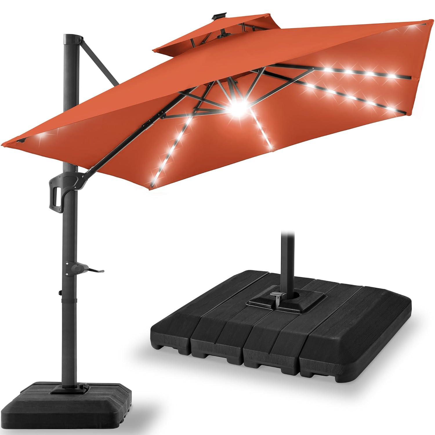 Arlmont & Co. Ronessa 10x10ft 2-Tier Square Outdoor Solar LED Cantilever Patio Umbrella w/ Base Included