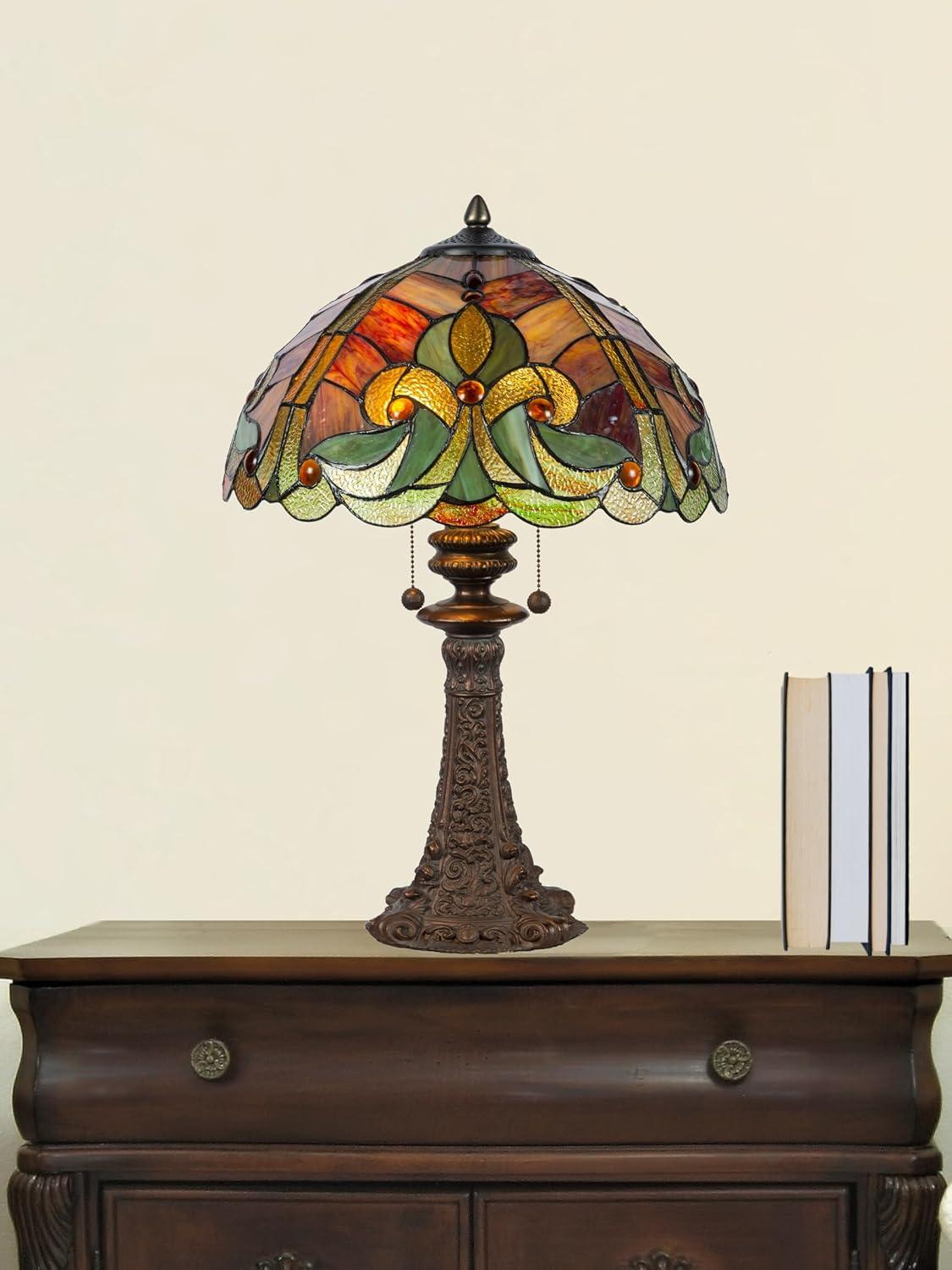 Antique Bronze Table Lamp with Stained Glass Shade