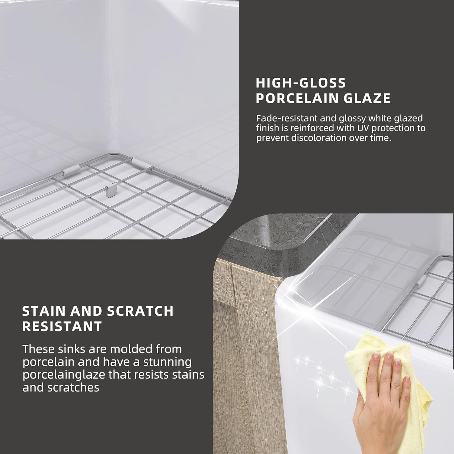 Small Farmhouse Sink 24 X18 White Fireclay Undermount Kitchen Sinks Deep Single Bowl Drop in Modern Apron Front Farm Sink For Kitchen with Protective Bottom Grid and Strainer