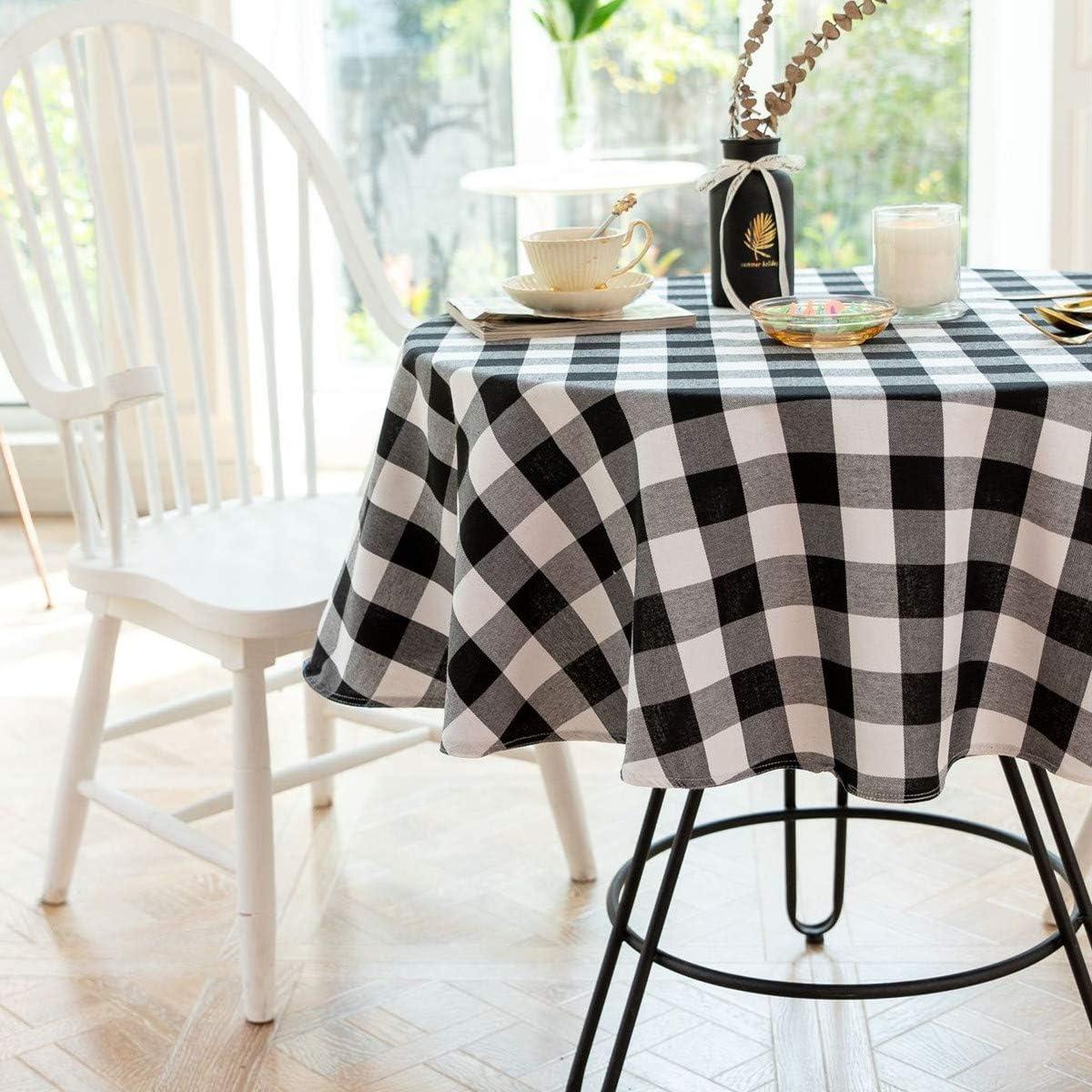 Buffalo Plaid Round Tablecloth Checkered Cotton Linen Table Cover for Kitchen Dining Room Home Decor ( Round - 48 Inch, White & Black )