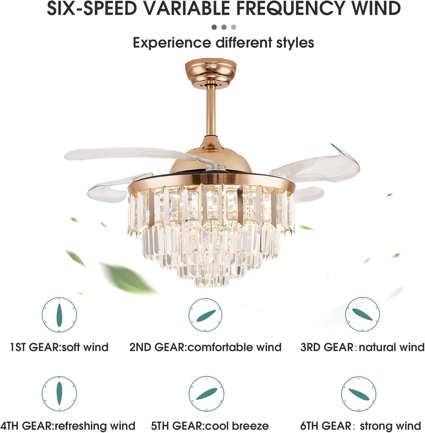 HOOMEDELIER 42" Chandelier Ceiling Fan with Remote, Crystal Beads Framed Fan with 4 Retractable Blades Smart Indoor Fandelier Fan