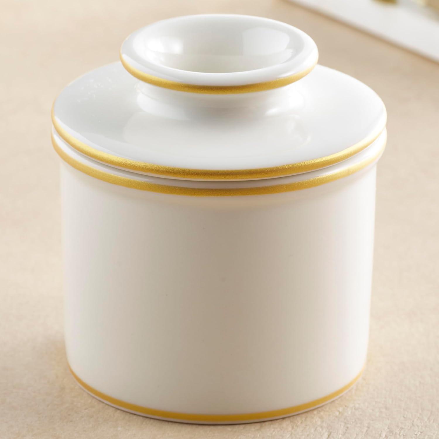The Original Butter Bell® Crock By L. Tremain - French Butter Crock For Spreadable Soft Butter, Ceramic Butter Keeper for Counter, White with Gold Trim Butter Holder, 1 Piece, 3.94 x 3.94 x 4.14