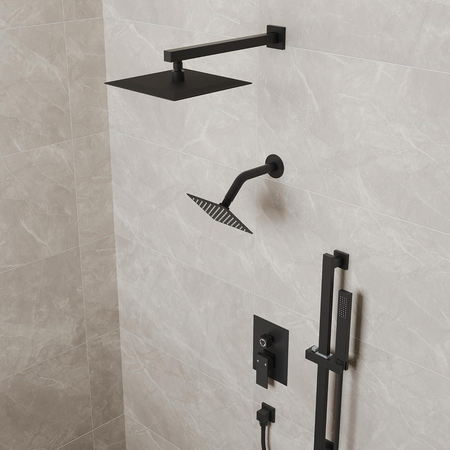 EVERSTEIN DualJetSpa 10-Inch High-Pressure Rainfall Shower Faucet with Handheld Spray, Wall Mount Dual Showerheads System with Slide Bar and Rough-in Valve SFS-1059-BK10
