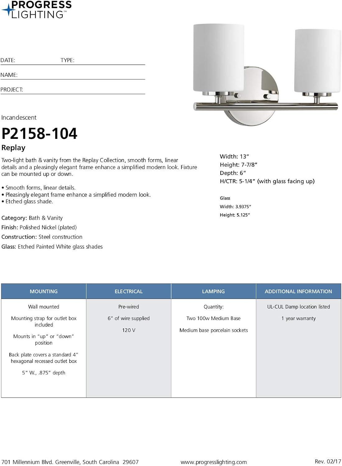 Progress Lighting Replay Collection 2-Light Bath Vanity, Polished Nickel, Shade Included