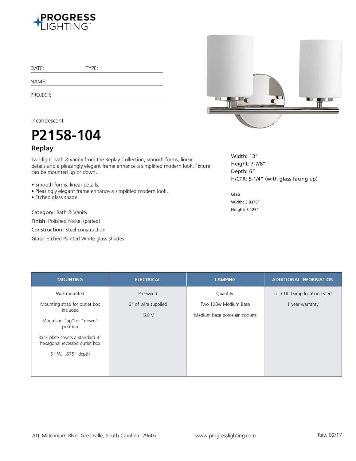 Progress Lighting Replay Collection 2-Light Bath Vanity, Polished Nickel, Shade Included
