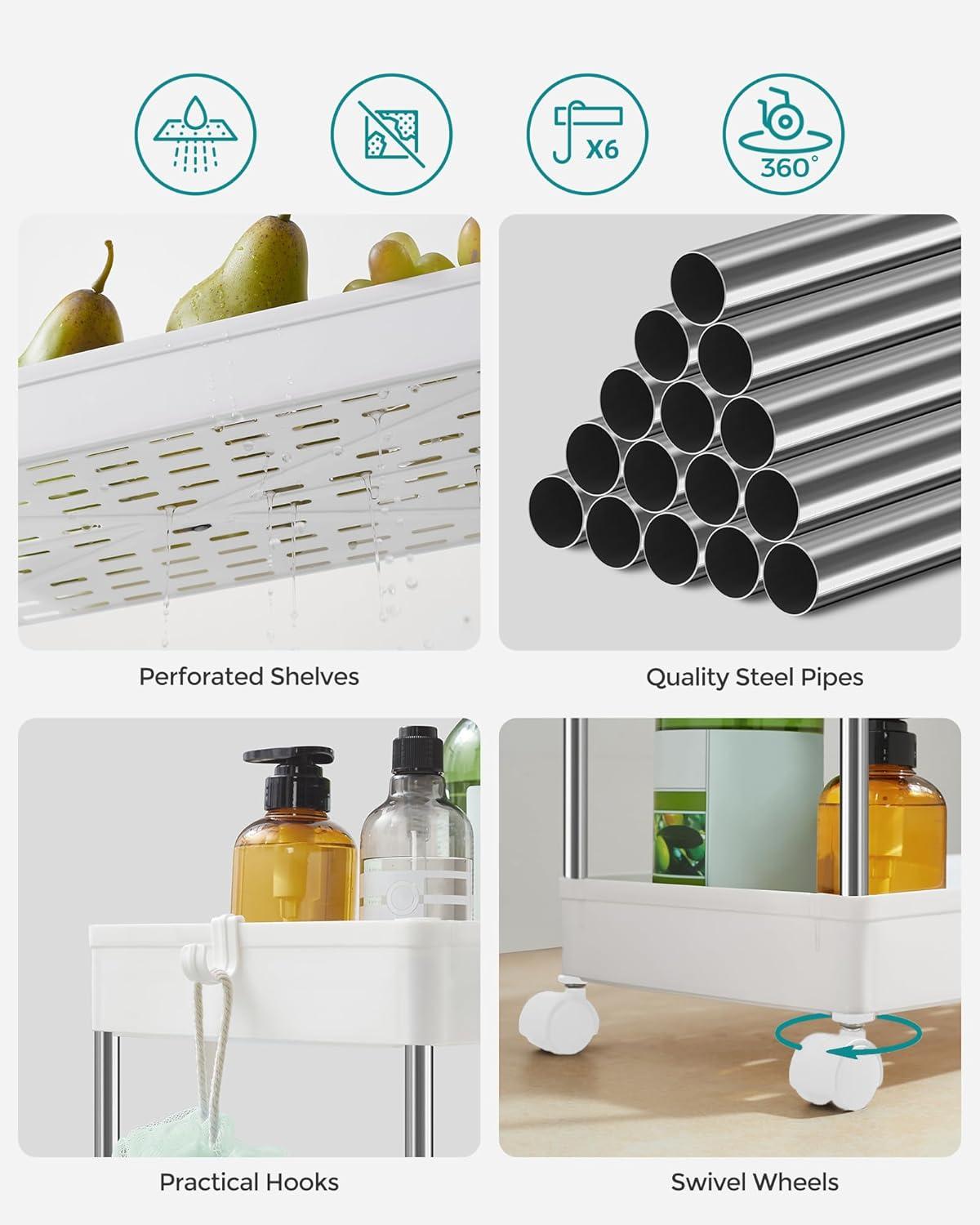 SONGMICS 3-Tier Rolling Cart Storage Cart with Wheels Space-Saving Rolling Storage Cart for Bathroom Kitchen Living Room Office 15.7 x 8.7 x 23.6 Inches White