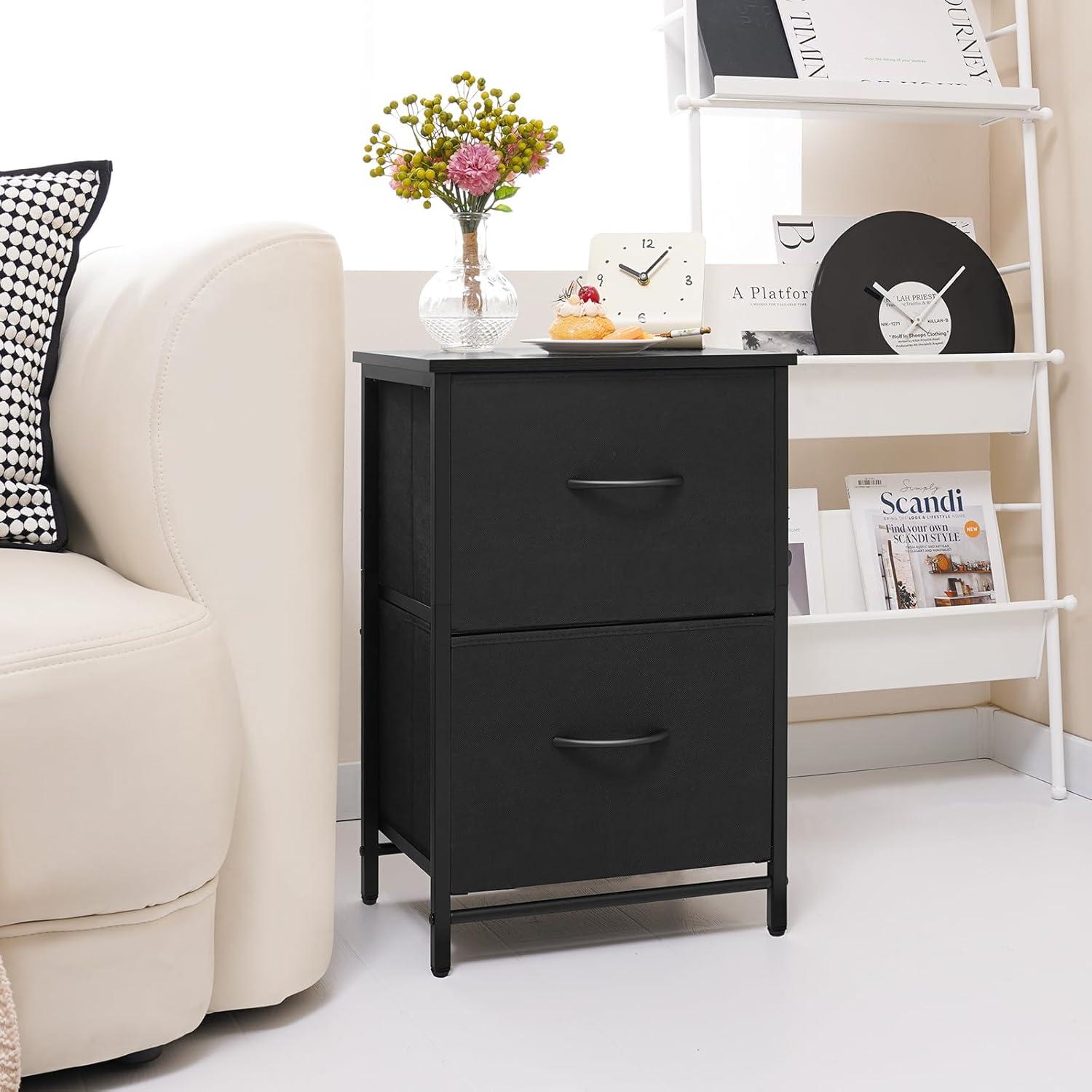 Black Fabric and Wood 2-Drawer Nightstand Set