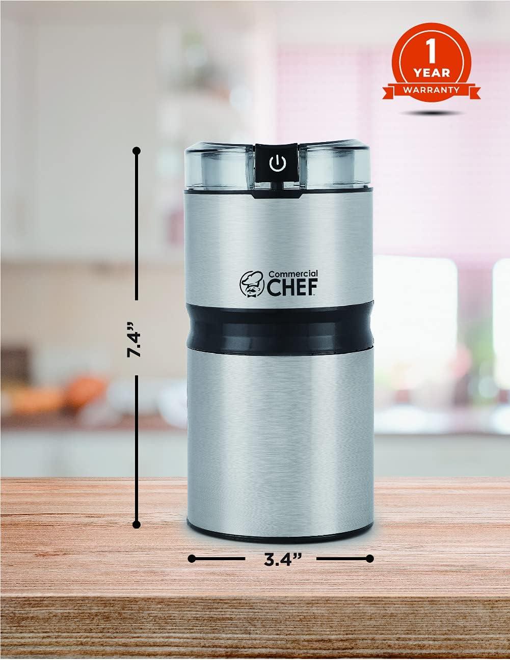 Commercial Chef Electric Coffee Grinder, Brushed Stainless Steel Texture and Transparent Lid