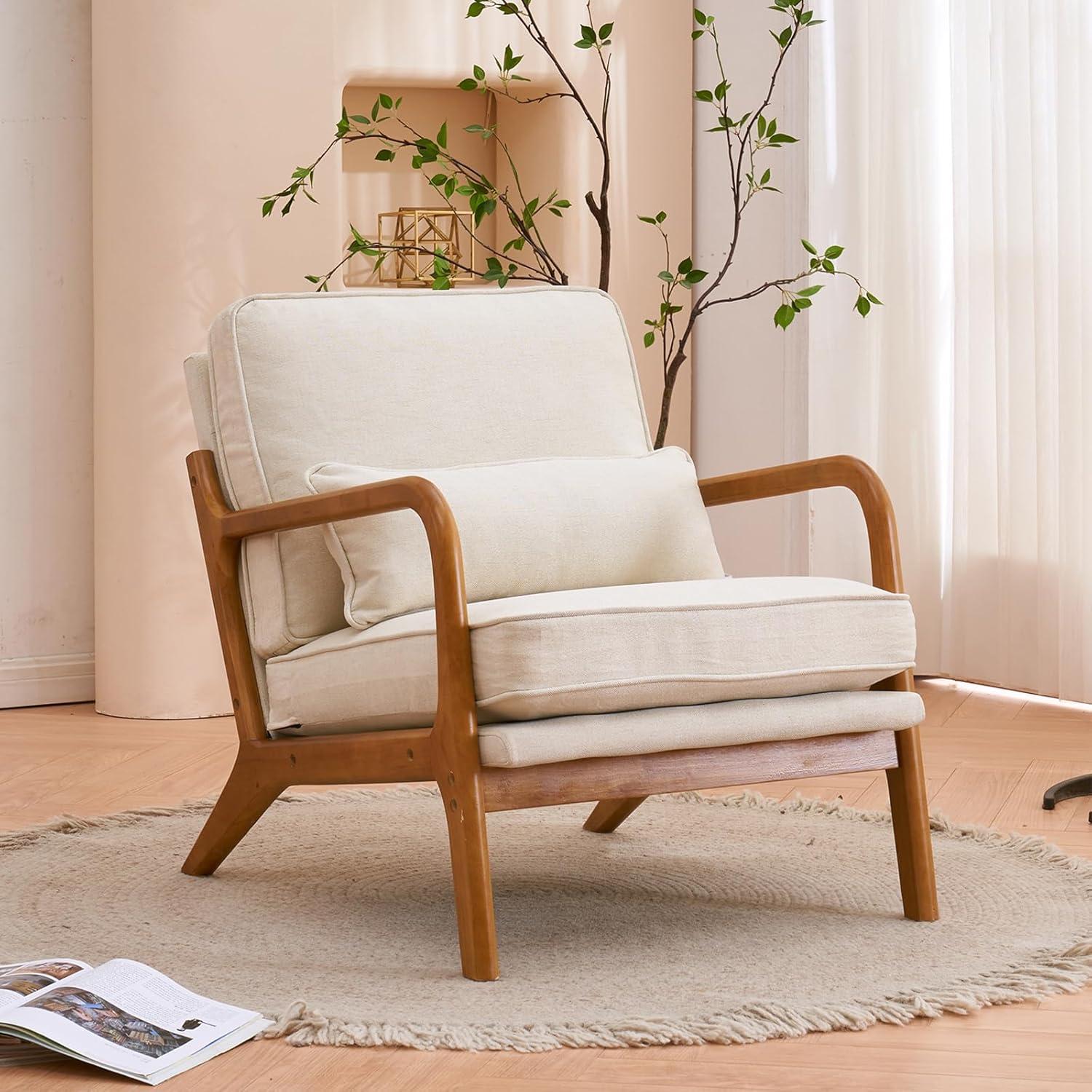 Beige Linen Armchair with Wood Frame and Pillow