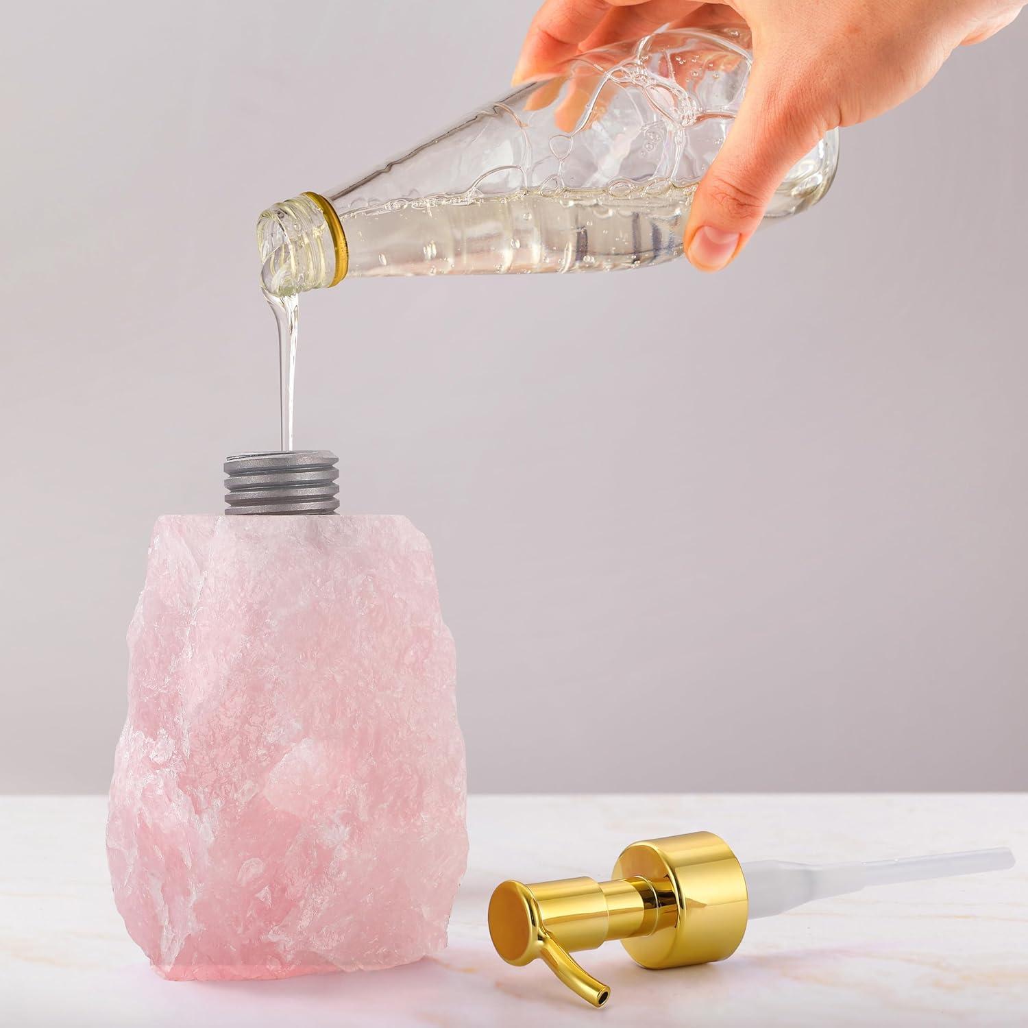 Rose Quartz Crystal Dispenser - Glossy Gold Color Pump - Natural Stone Soap Dispenser for Bathroom