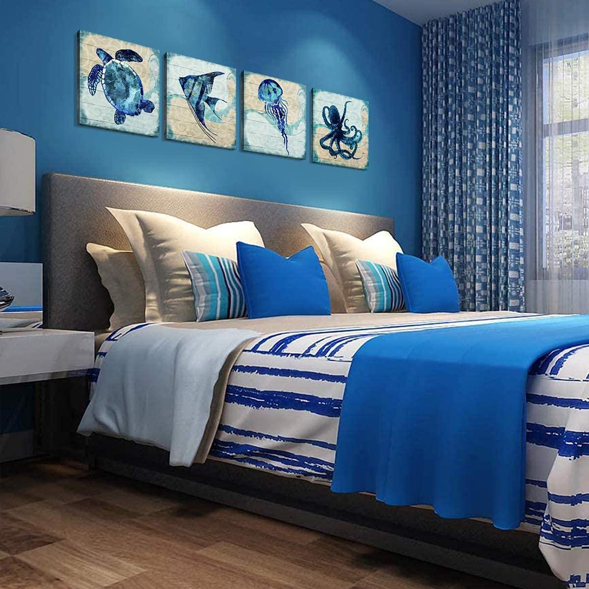 Navy Blue Bathroom Beach Decor Ocean Animals Wall Art Kids Nursery Room Paintings Canvas Rustic Sea Turtle Octopus Jellyfish Fish Pictures Artwork for Bedroom Living Room Home Decorations 16x16” 4Pcs