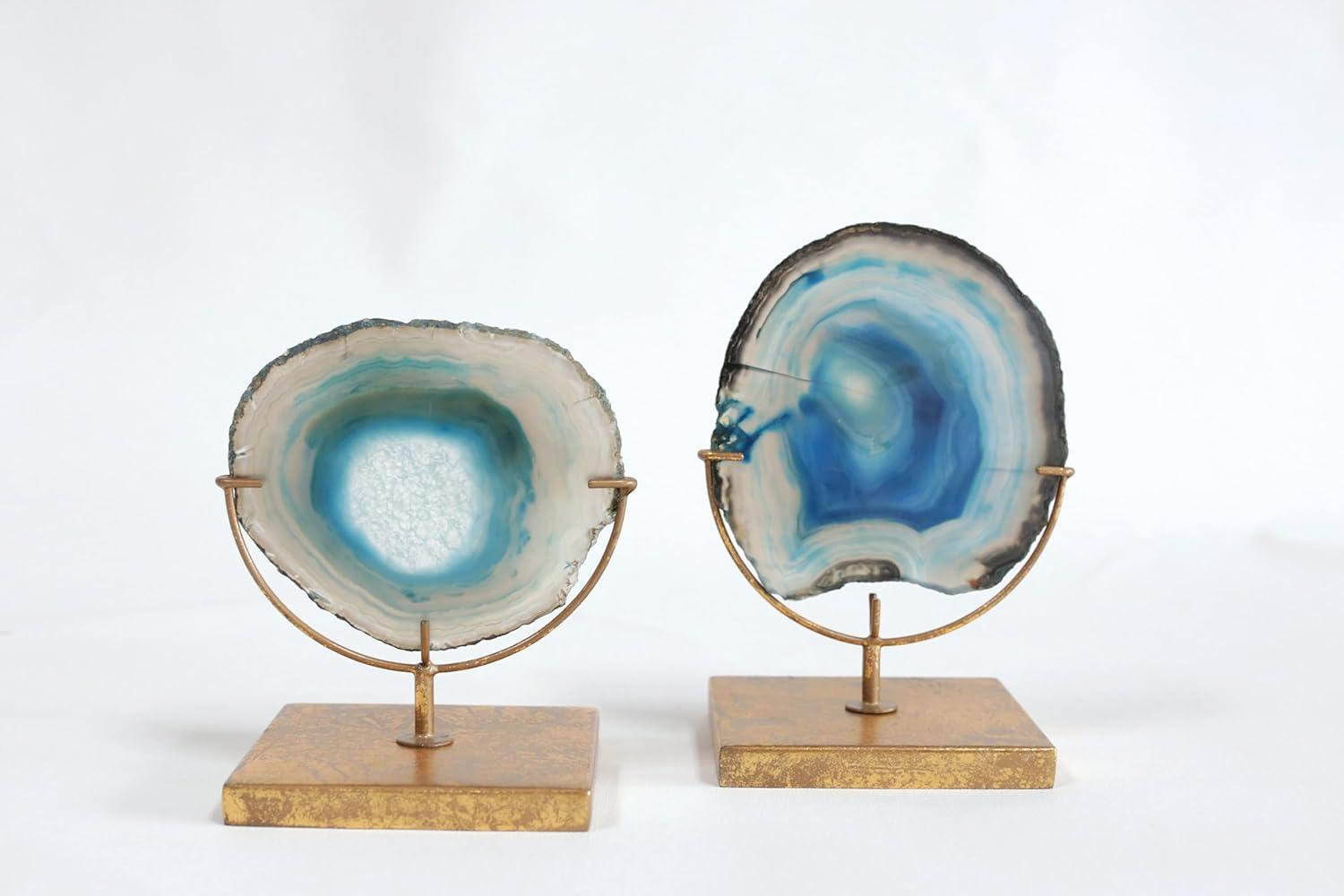 Blue Agate Stone Slice on Gold Metal Stand