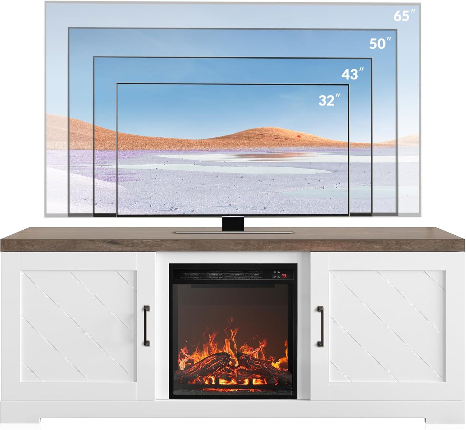 BELLEZE Modern 58 Inch Farmhouse TV Stand with 18 Inch Electric Fireplace & Media Entertainment Center Console Table for TV up to 65 Inch with Storage Cabinets and Infrared Heater - Hilo (White)