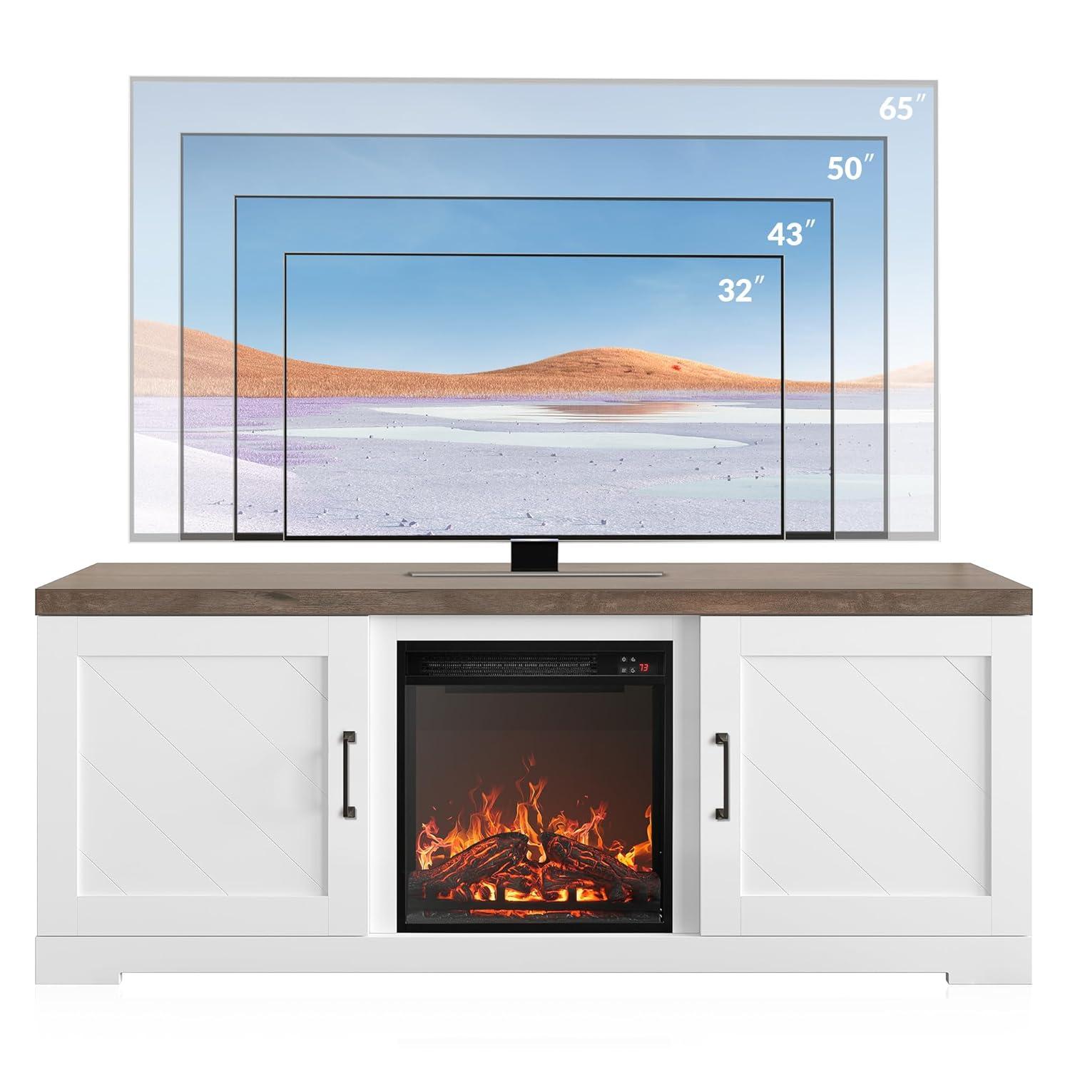 BELLEZE Modern 58 Inch Farmhouse TV Stand with 18 Inch Electric Fireplace & Media Entertainment Center Console Table for TV up to 65 Inch with Storage Cabinets and Infrared Heater - Hilo (White)