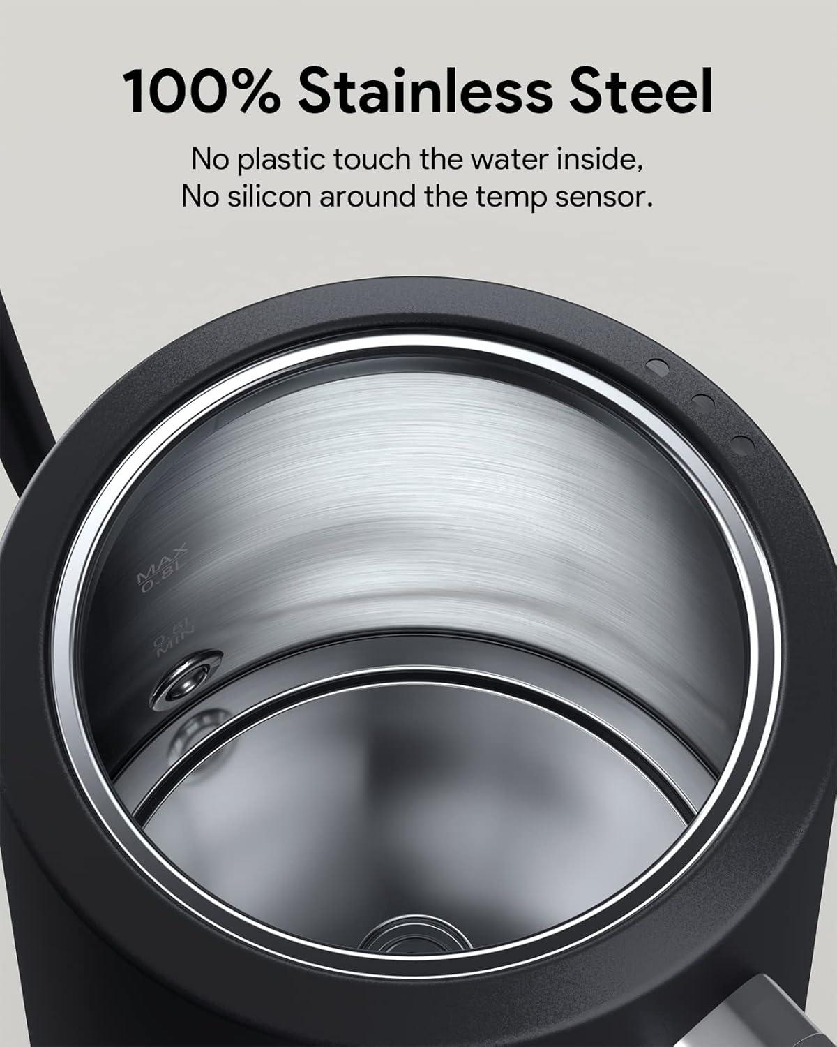 Gooseneck Electric Tea Kettle Pour-Over Kettle for Coffee, with 5 Variable Presets, 100% Stainless Steel Inner, with Keep Warm and Mute Function 0.8L, 1000W Quick Heating, Matte Black
