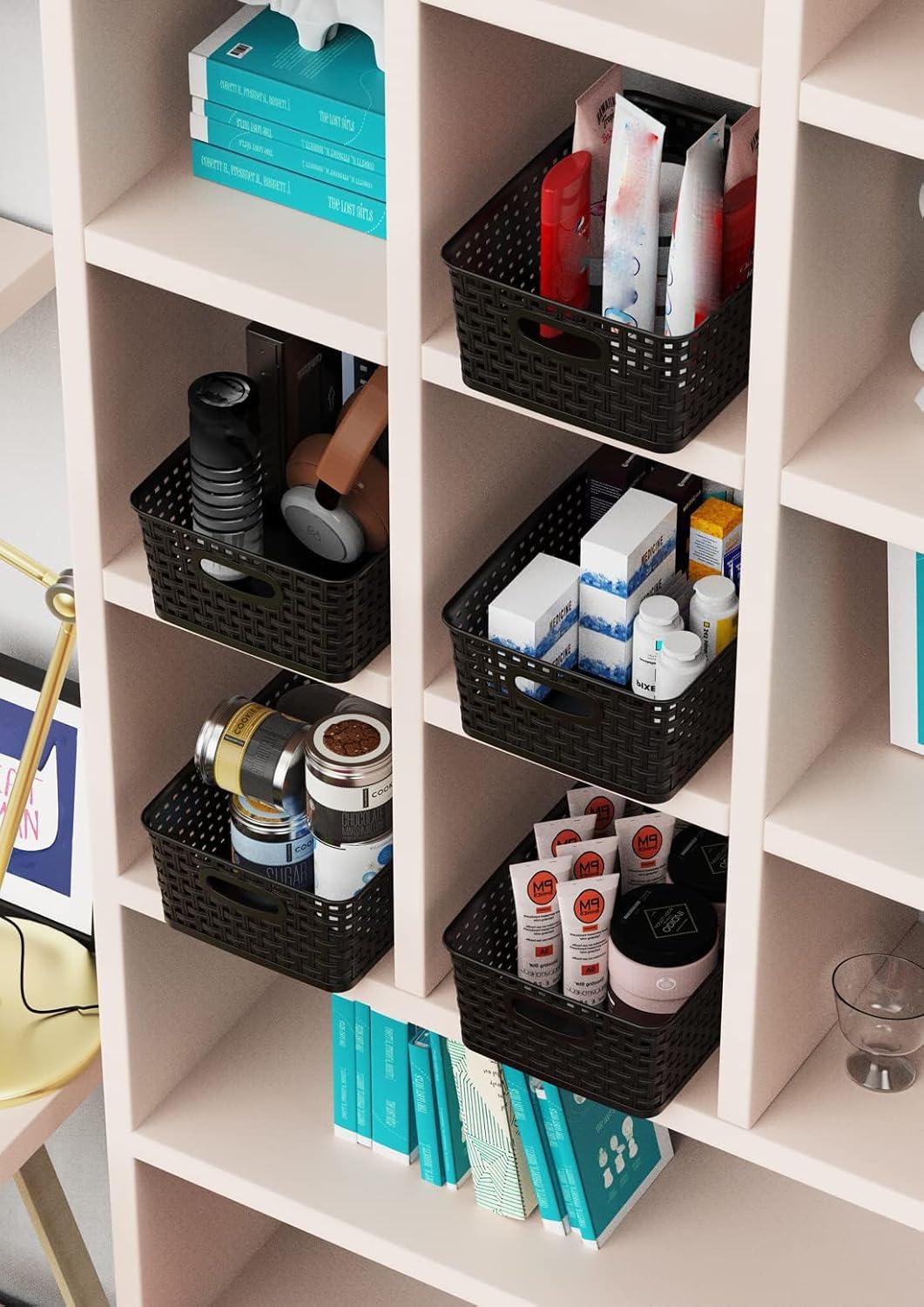 IRIS USA Small Plastic Storage Basket, 12-Pack, Shelf Basket Organizer for Pantries Kitchens Cabinets Bedrooms, Black