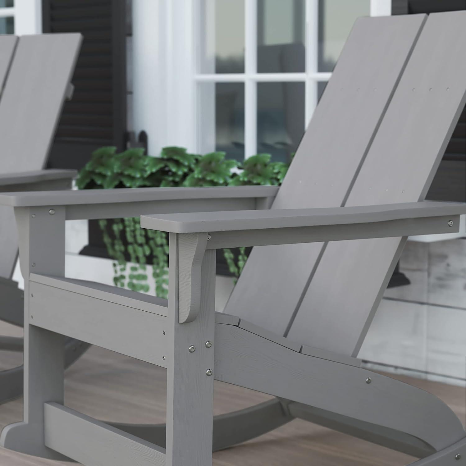 Flash Furniture Finn Modern All-Weather 2-Slat Poly Resin Wood Rocking Adirondack Chair with Rust Resistant Stainless Steel Hardware in Gray