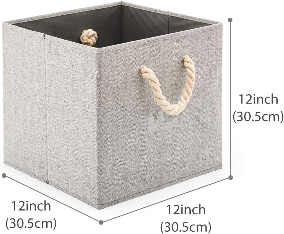 EZOWare [Set of 4] Foldable Fabric Storage Cube Bins with Cotton Rope Handle, Collapsible Resistant Basket Box Organizer for Shelves Closet Toys and More - Gray 12x12x12 inch