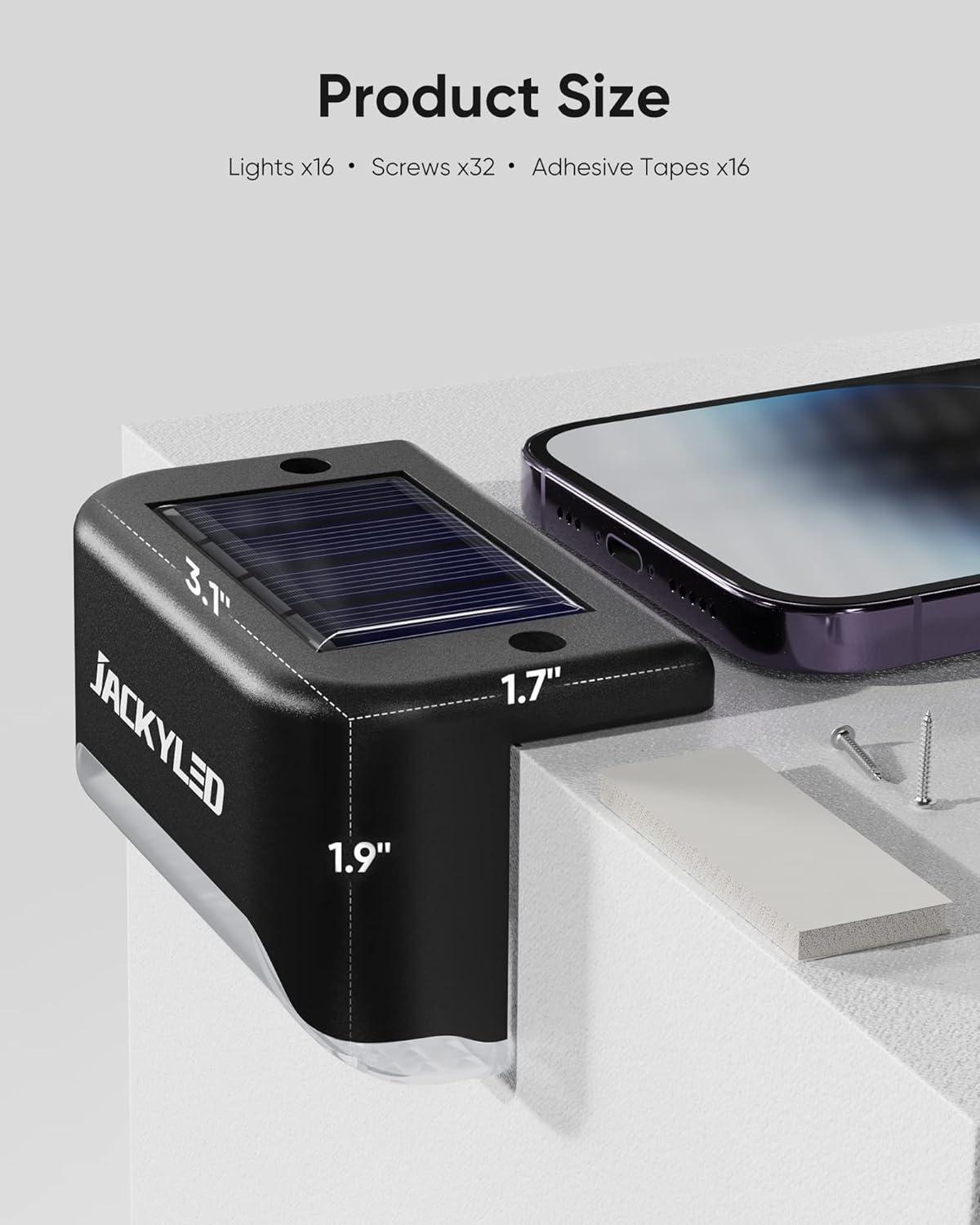 JACKYLED 16 Pack Deck Lights Solar Powered Color Changing, Outdoor Solar Fence Lights Waterproof LED Stair Lights for Patio Step Railing Wall Garden