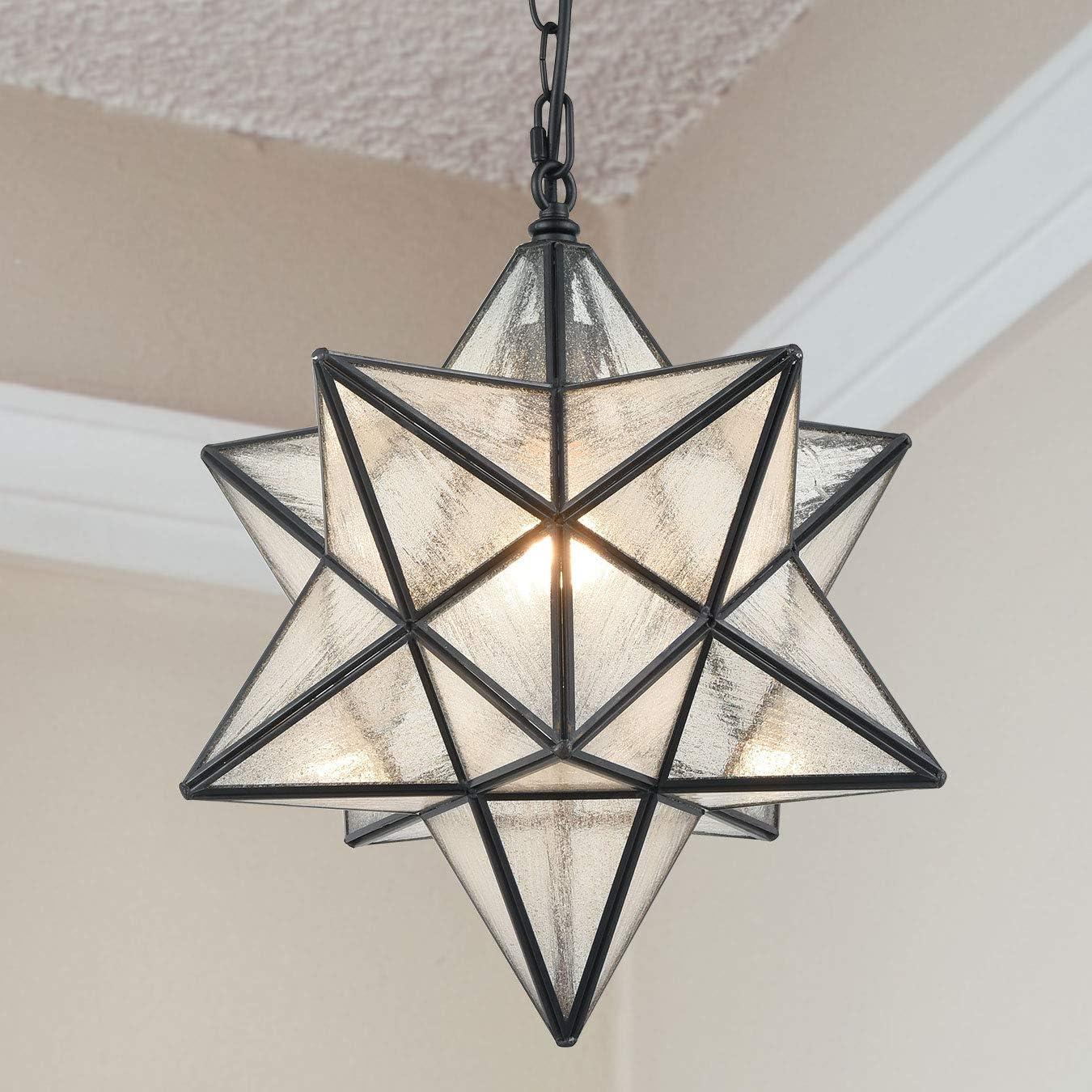 Geometric 16'' Black Moravian Star Pendant Light with Seeded Glass Shade