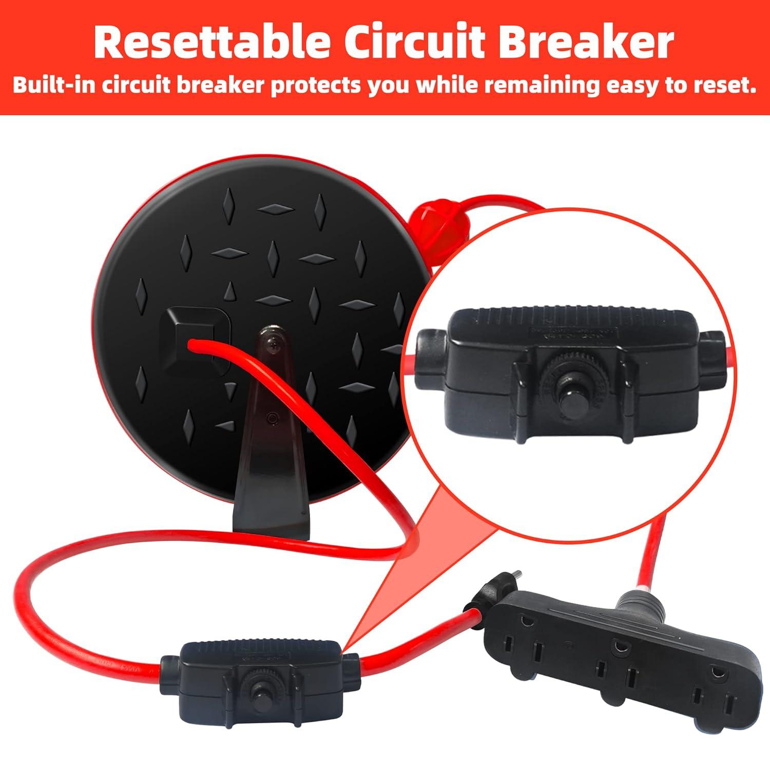 EP 30 Ft Retractable Extension Cord Reel, 16/3 SJTW Power Cord with 3 Electrical Outlets, Ceiling or Wall Mount, 10 Amp Circuit Breaker, Metal Plate, UL Listed, Red